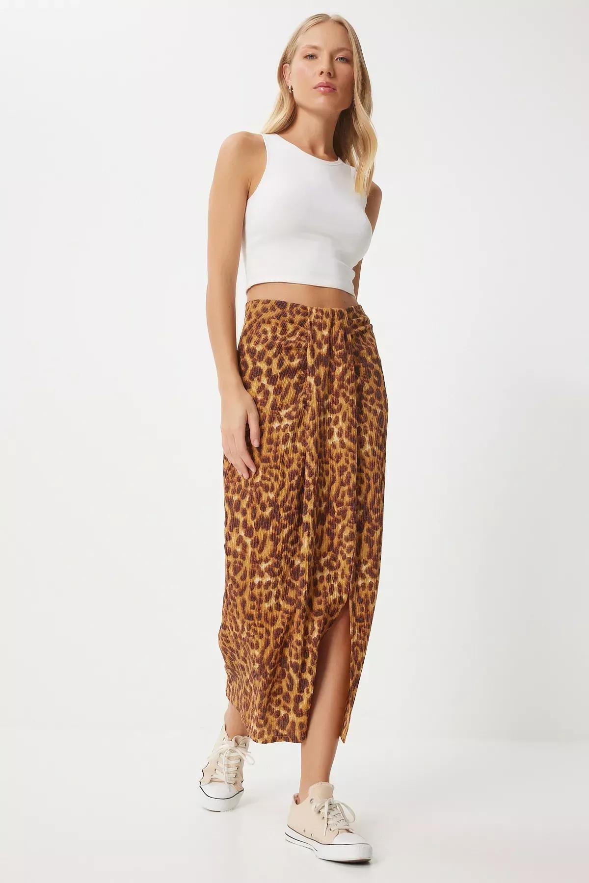 Orange Leopard Slit Skirt, , large image number 1