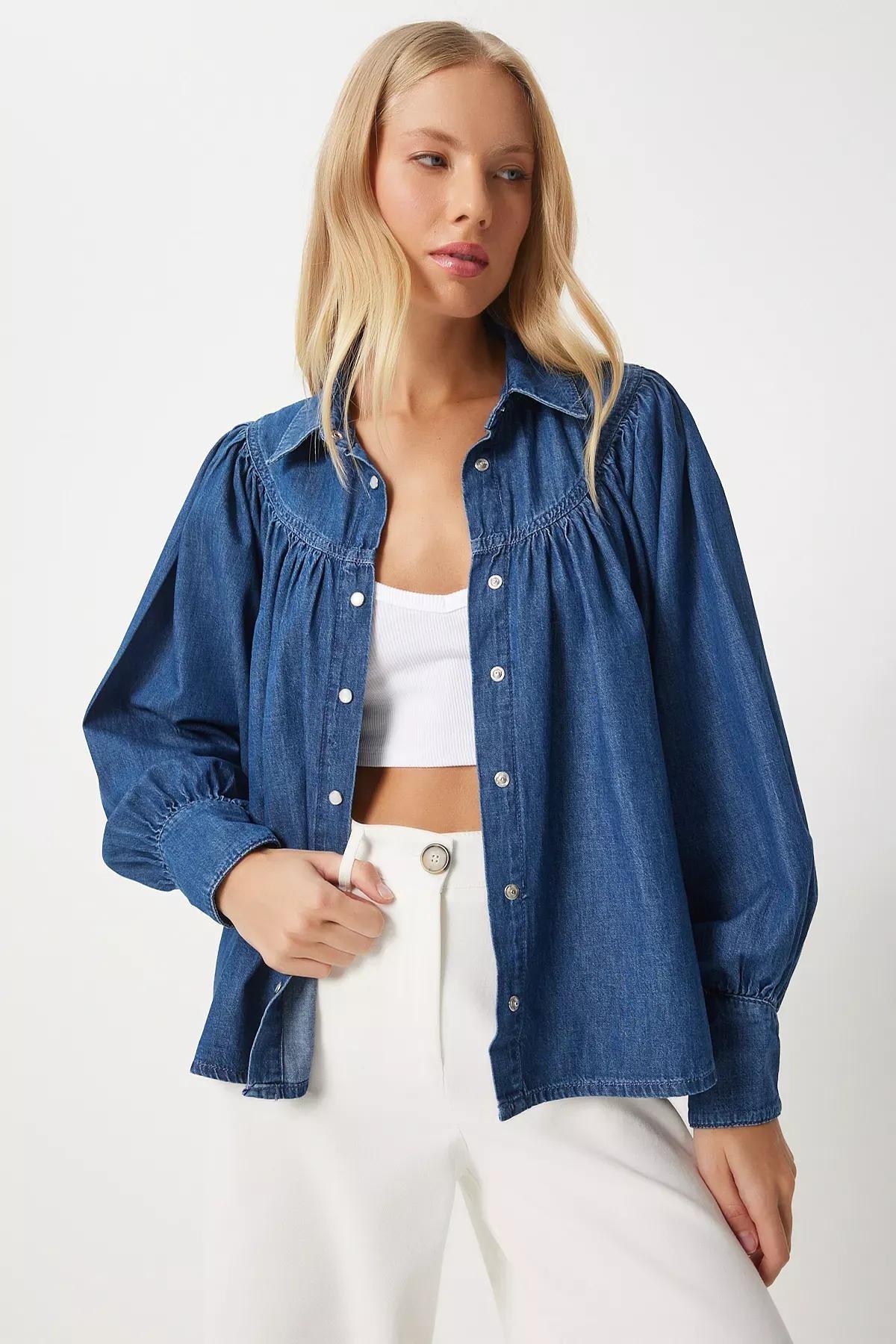 Navy Balloon Sleeve Denim Shirt, , large image number 0