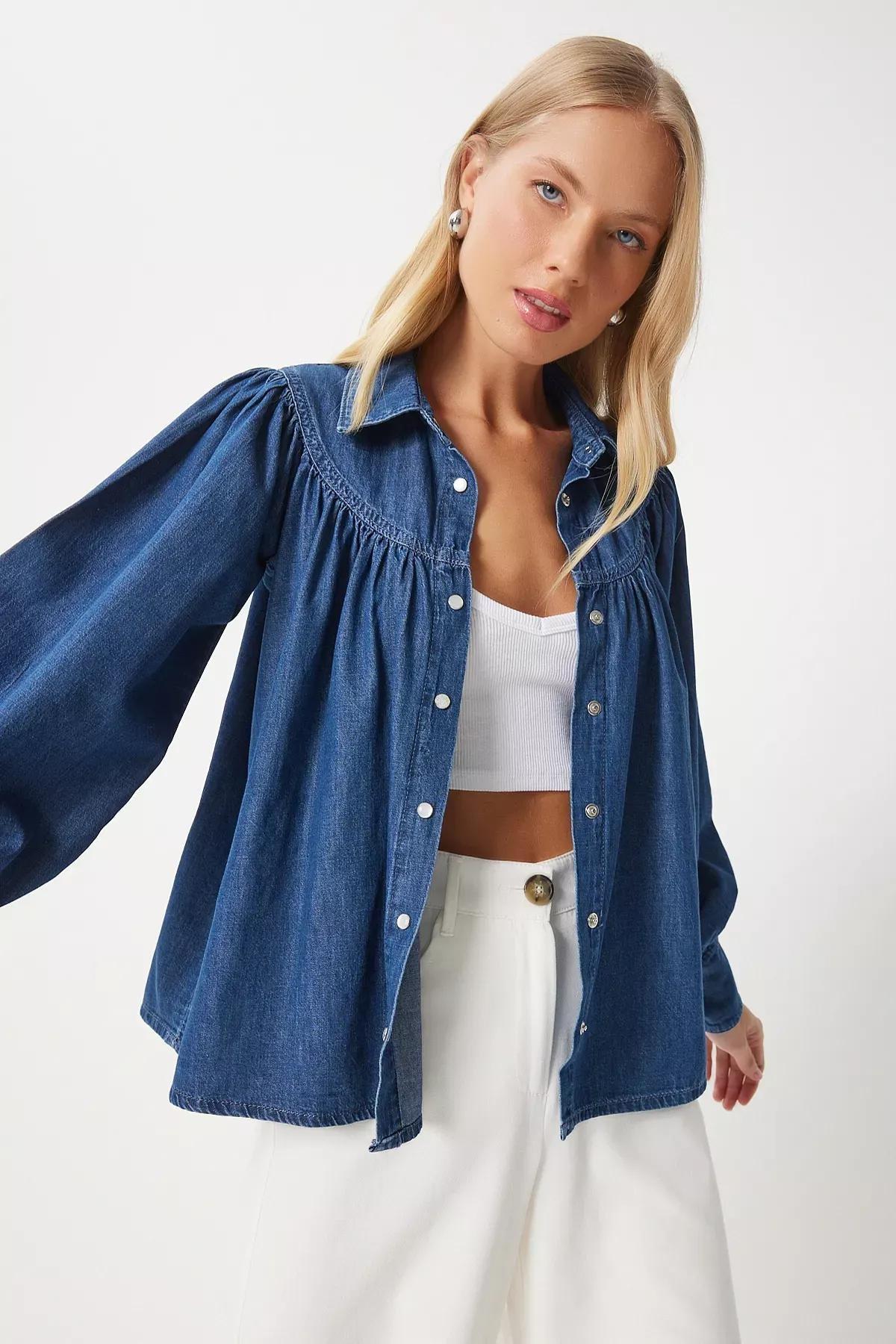 Navy Balloon Sleeve Denim Shirt, , large image number 1