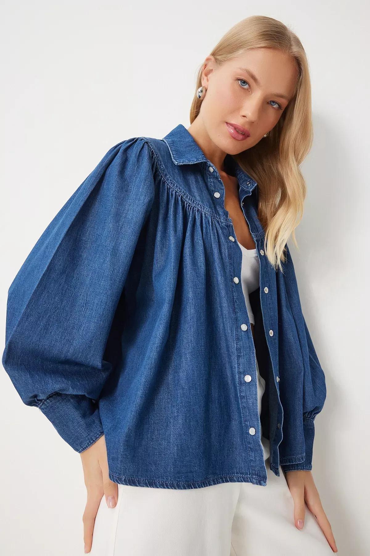 Navy Balloon Sleeve Denim Shirt, , large image number 2