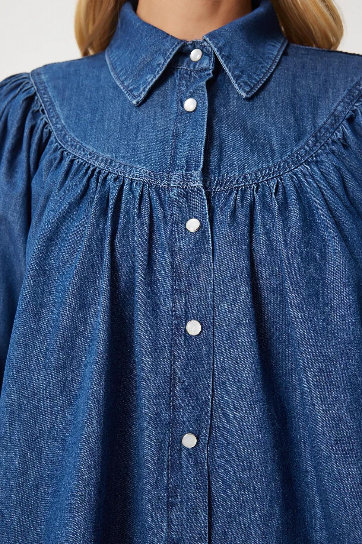 Navy Balloon Sleeve Denim Shirt, , large image number 3