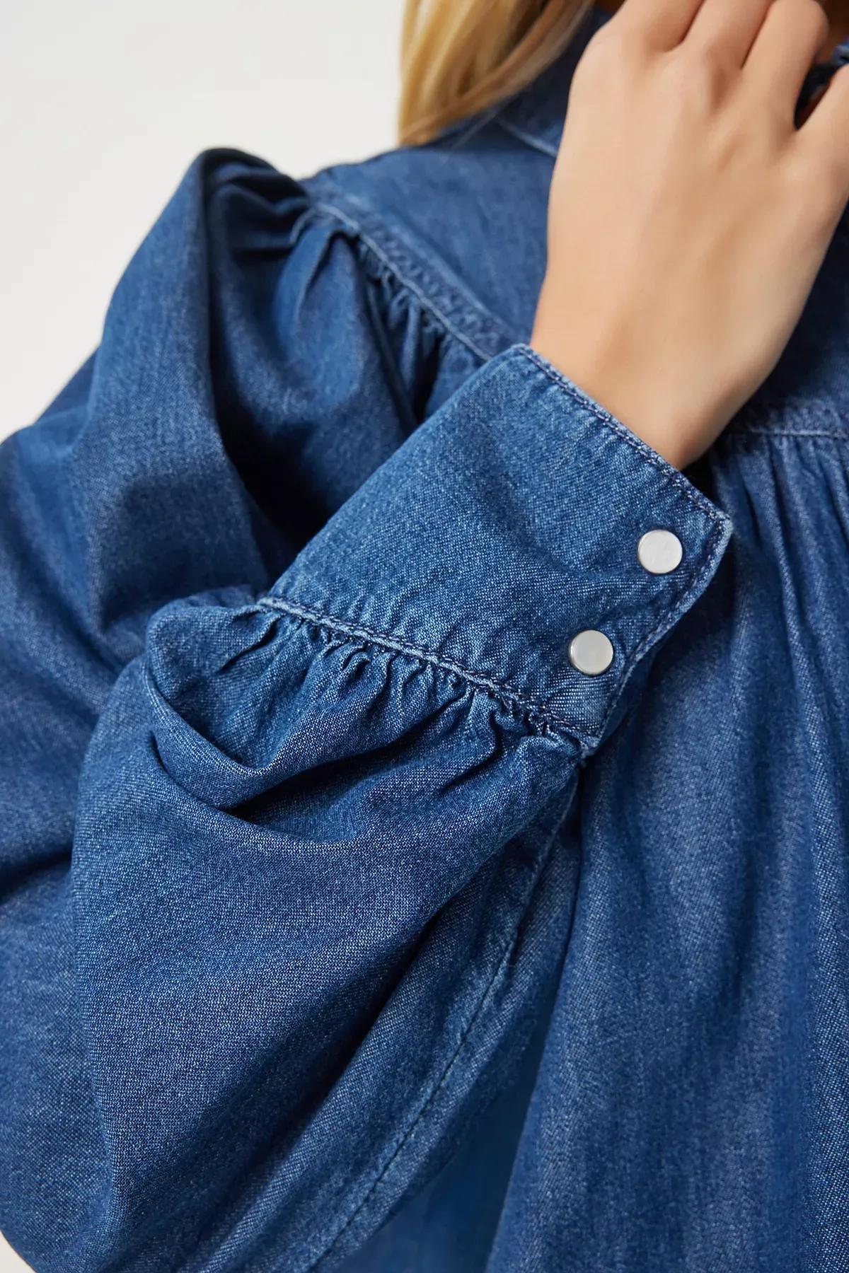 Navy Balloon Sleeve Denim Shirt, , large image number 4