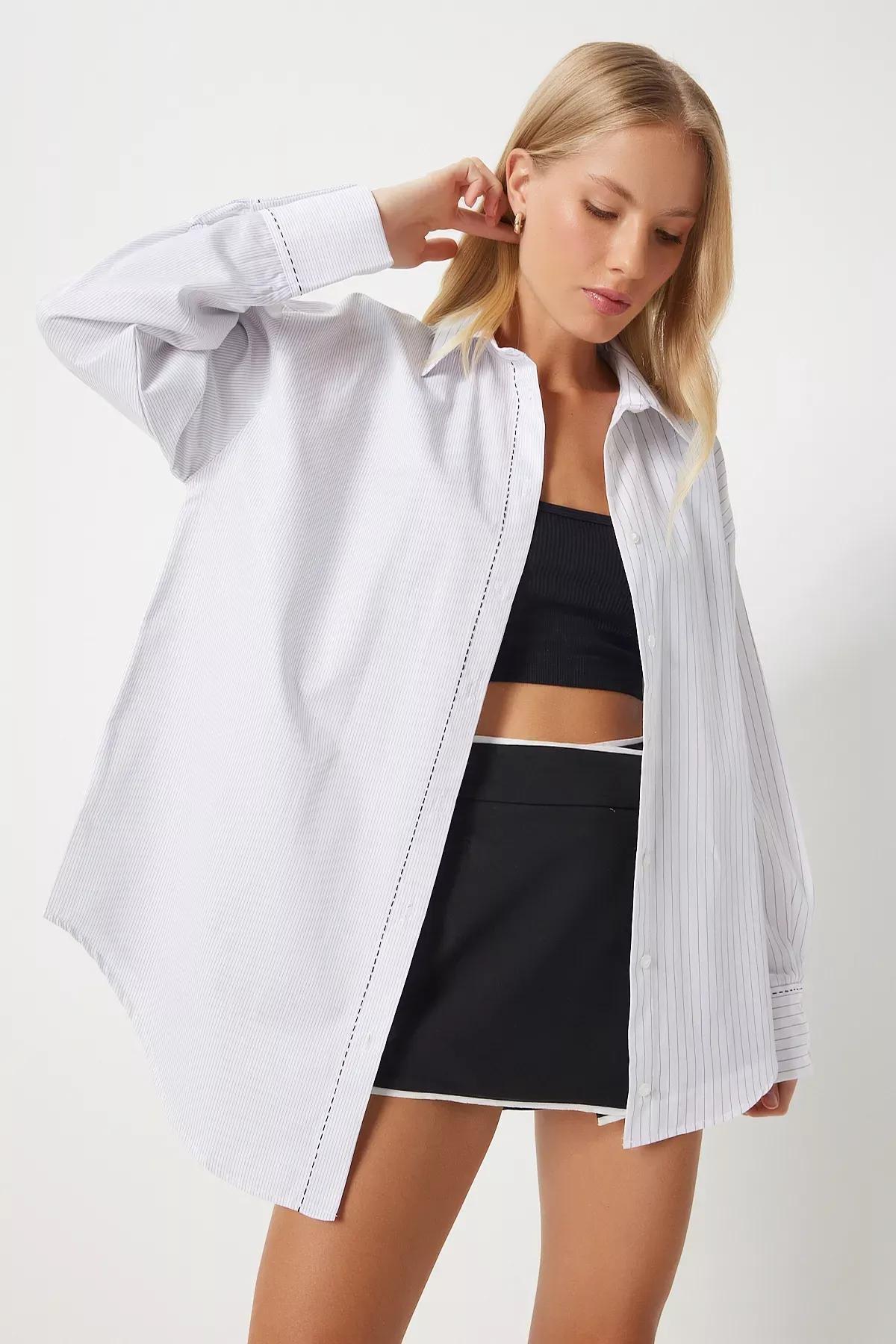 White Pointed Striped Asymmetric Shirt, , large image number 1