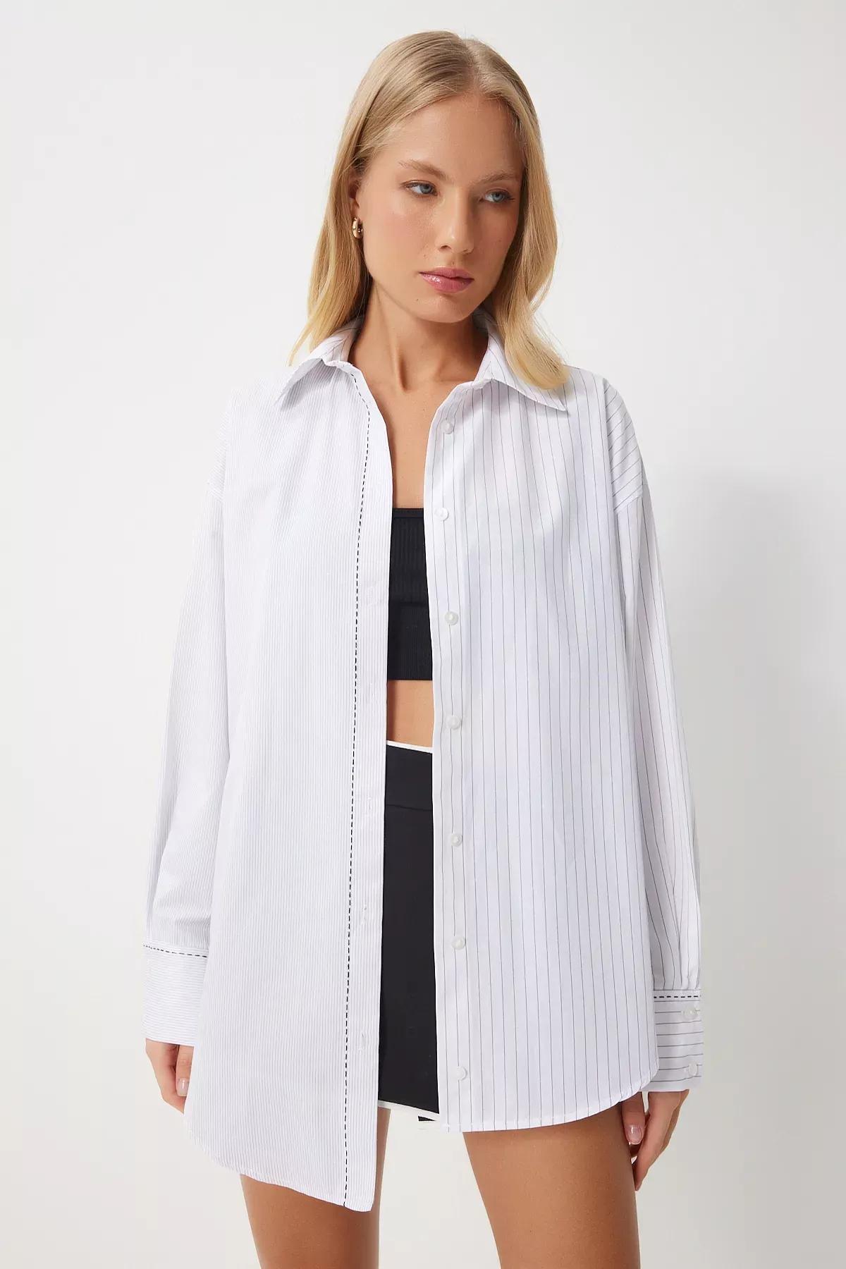 White Pointed Striped Asymmetric Shirt, , large image number 2