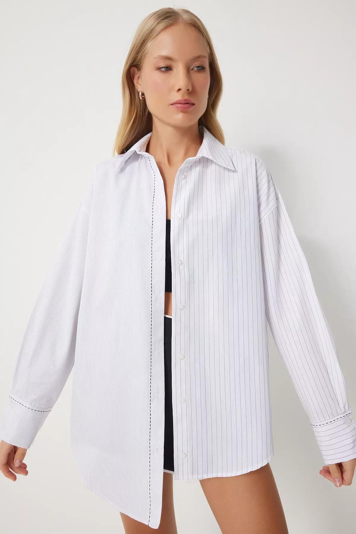 White Pointed Striped Asymmetric Shirt, , large image number 3