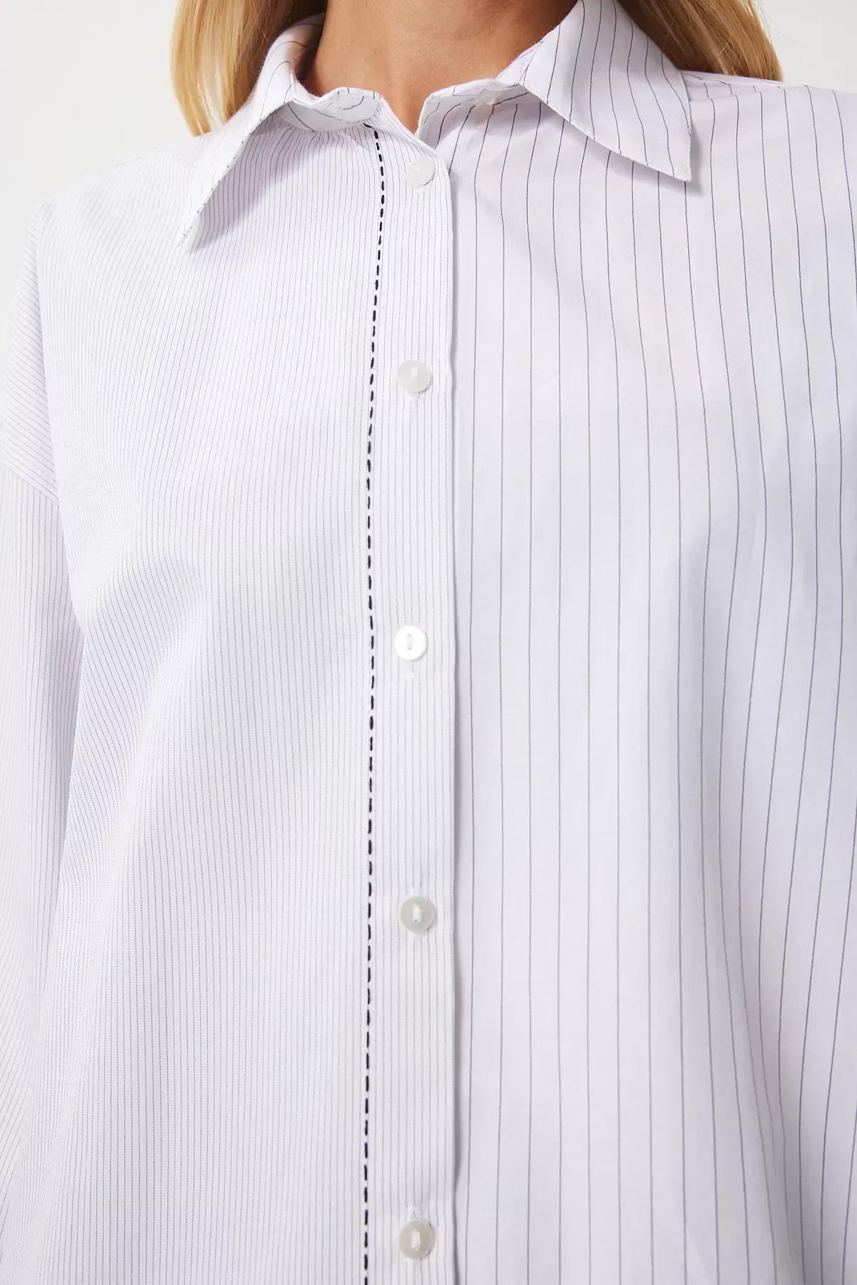 White Pointed Striped Asymmetric Shirt, , large image number 4