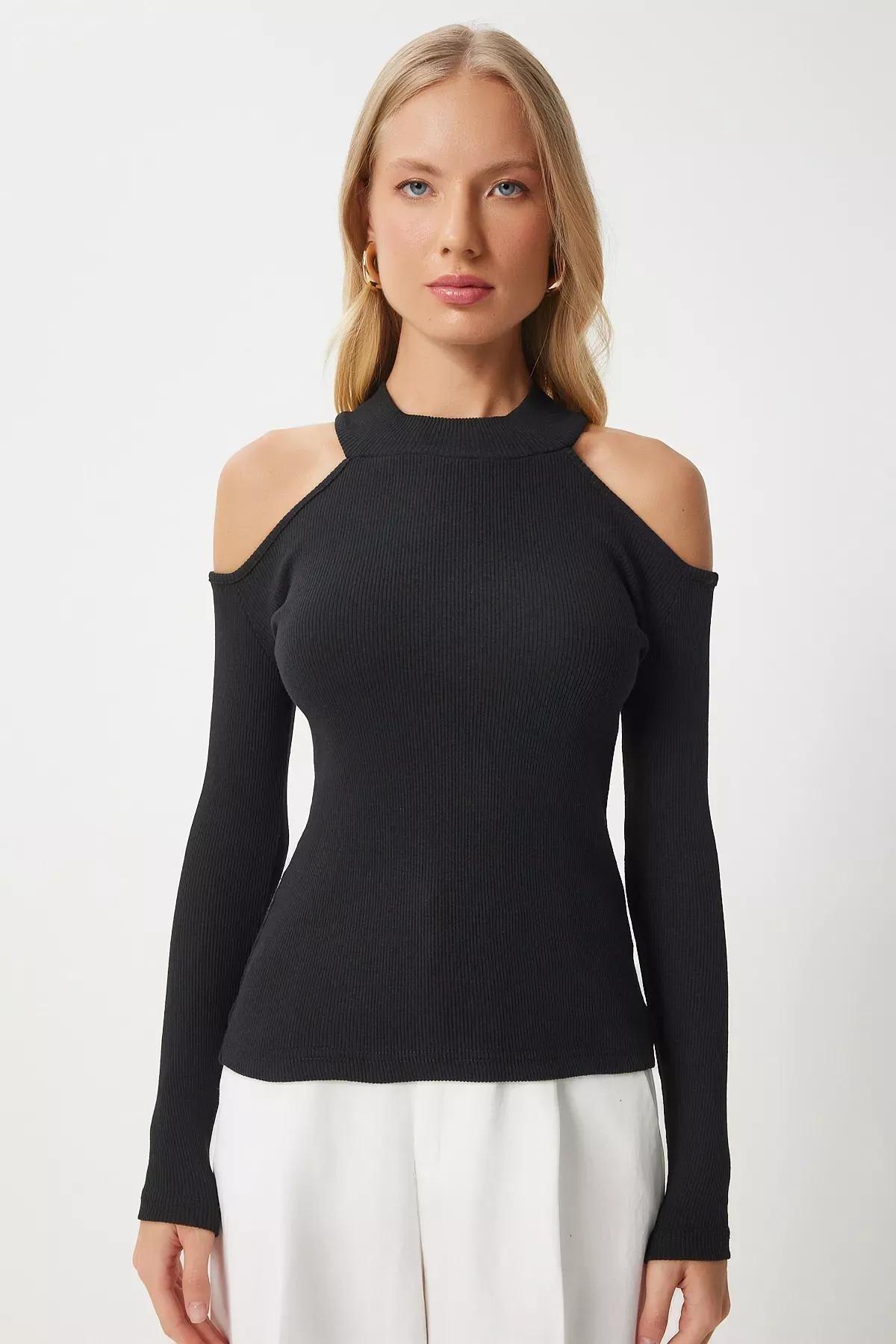 Black Open Shoulder Ribbed Knitwear Blouse, BLACK, large image number 3