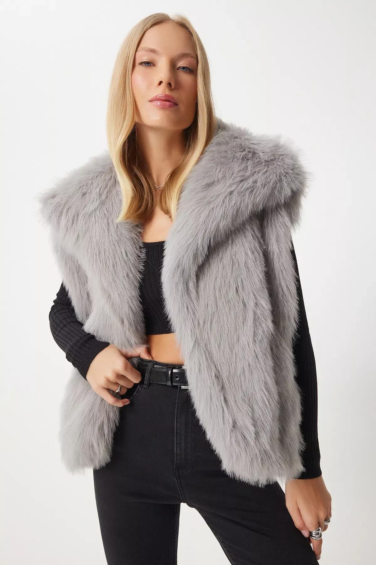 Beige Grey Faux Fur Vest, , large image number 0