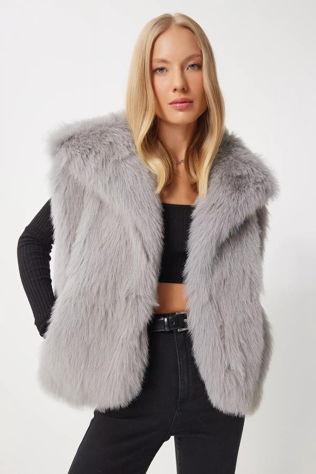 Beige Grey Faux Fur Vest, , large image number 1