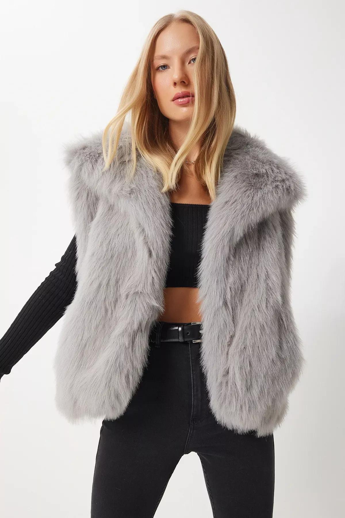 Beige Grey Faux Fur Vest, , large image number 2