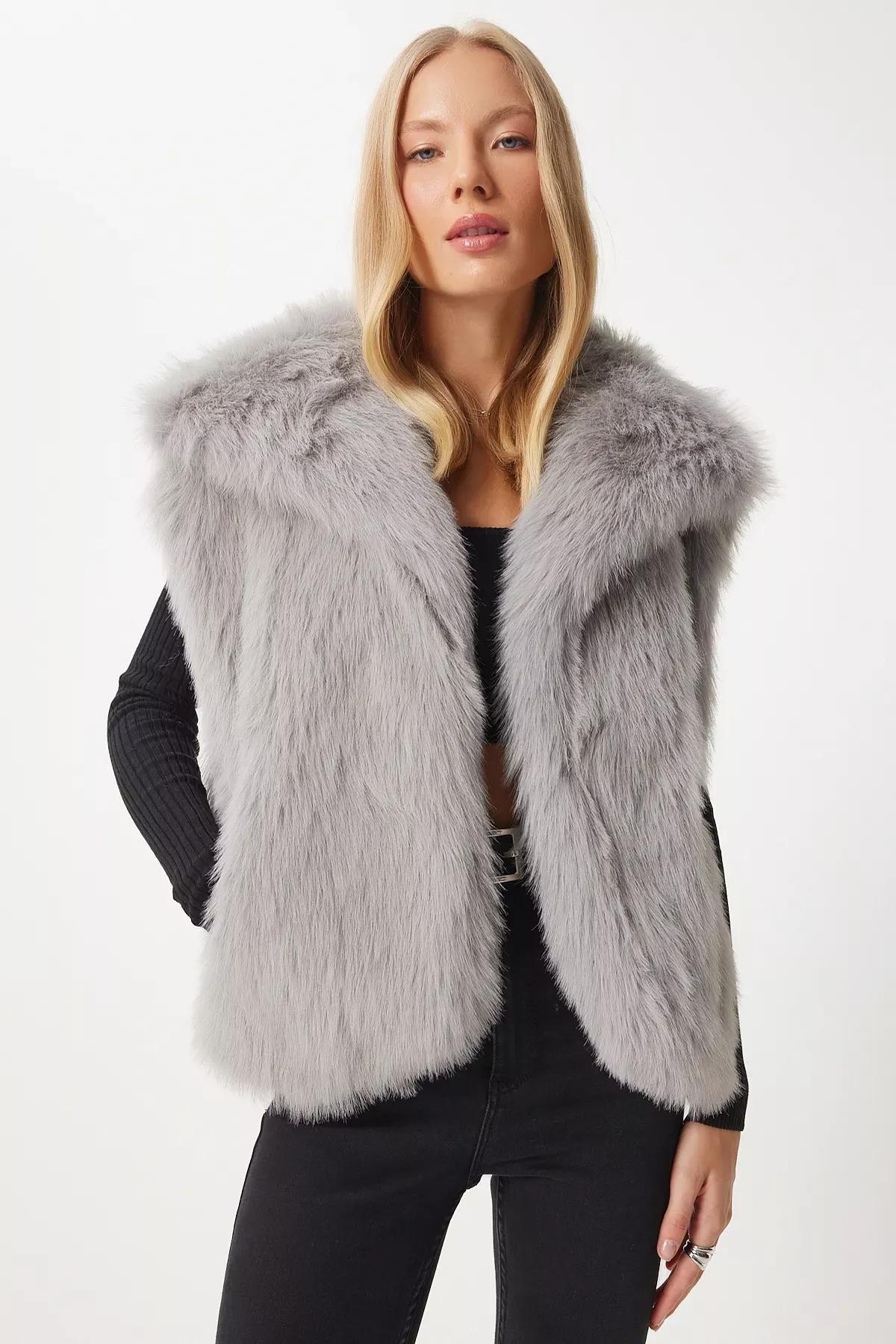 Beige Grey Faux Fur Vest, Stone Gray, large image number 4