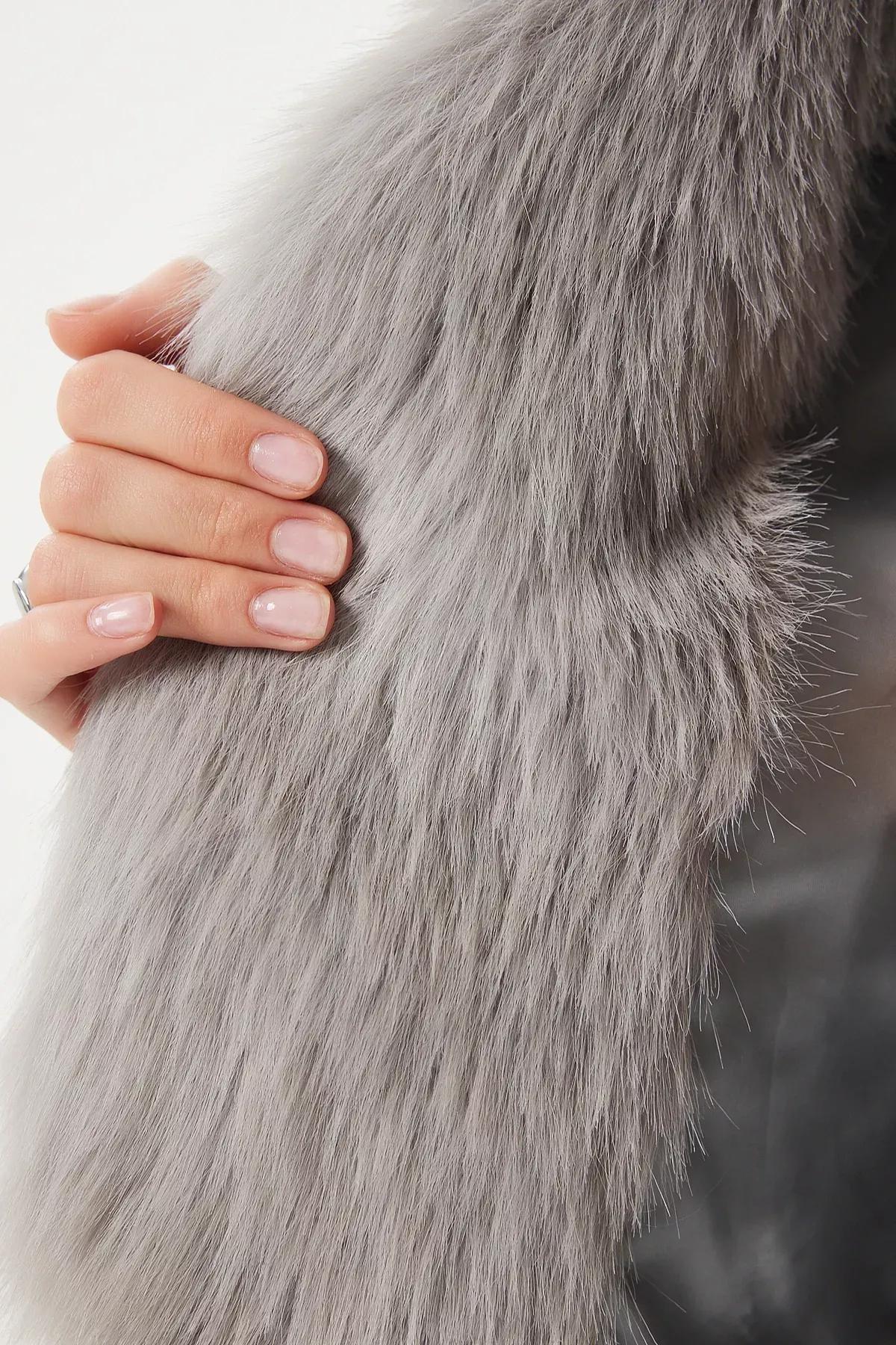 Beige Grey Faux Fur Vest, Stone Gray, large image number 5