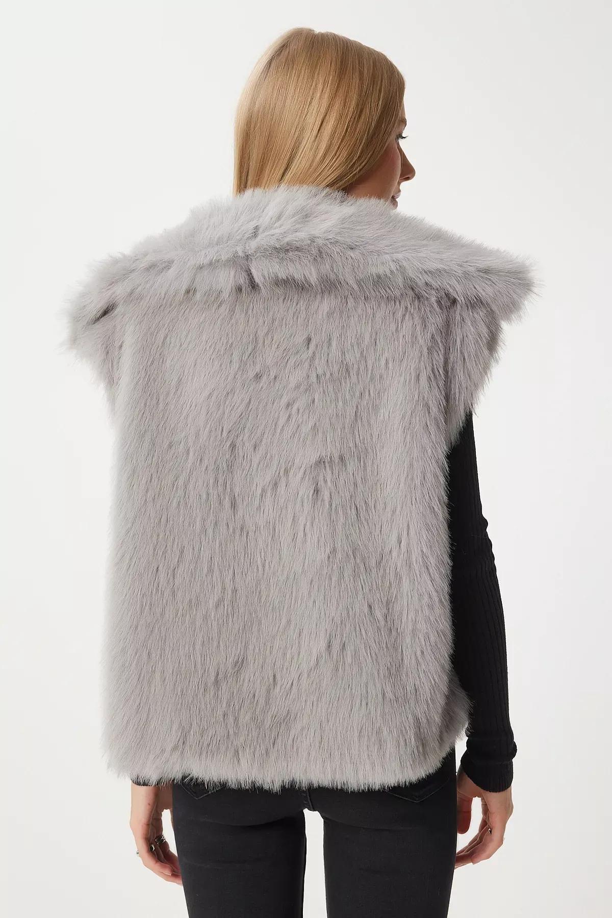 Beige Grey Faux Fur Vest, Stone Gray, large image number 6