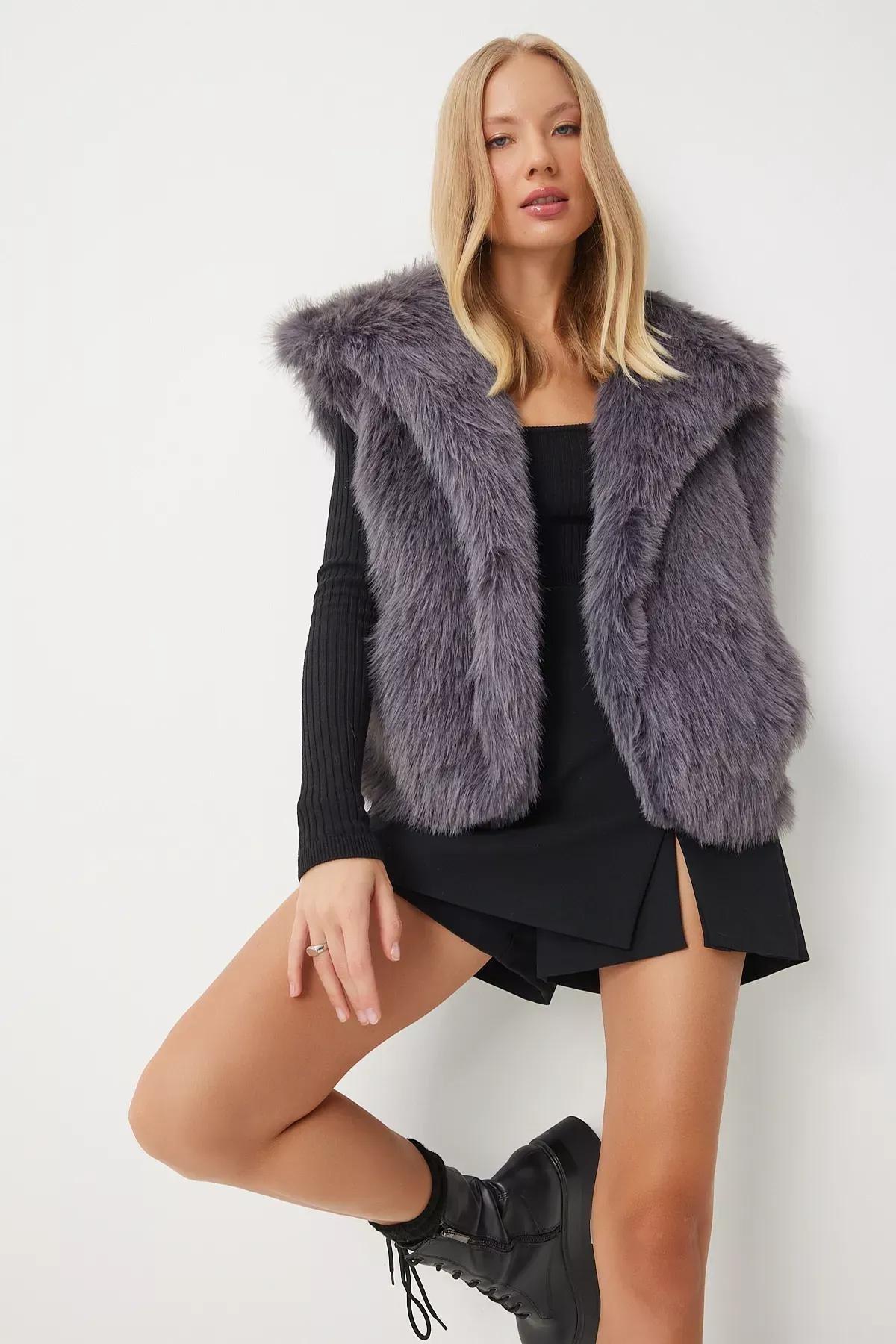 Grey Faux Fur Vest, Anthracite, medium