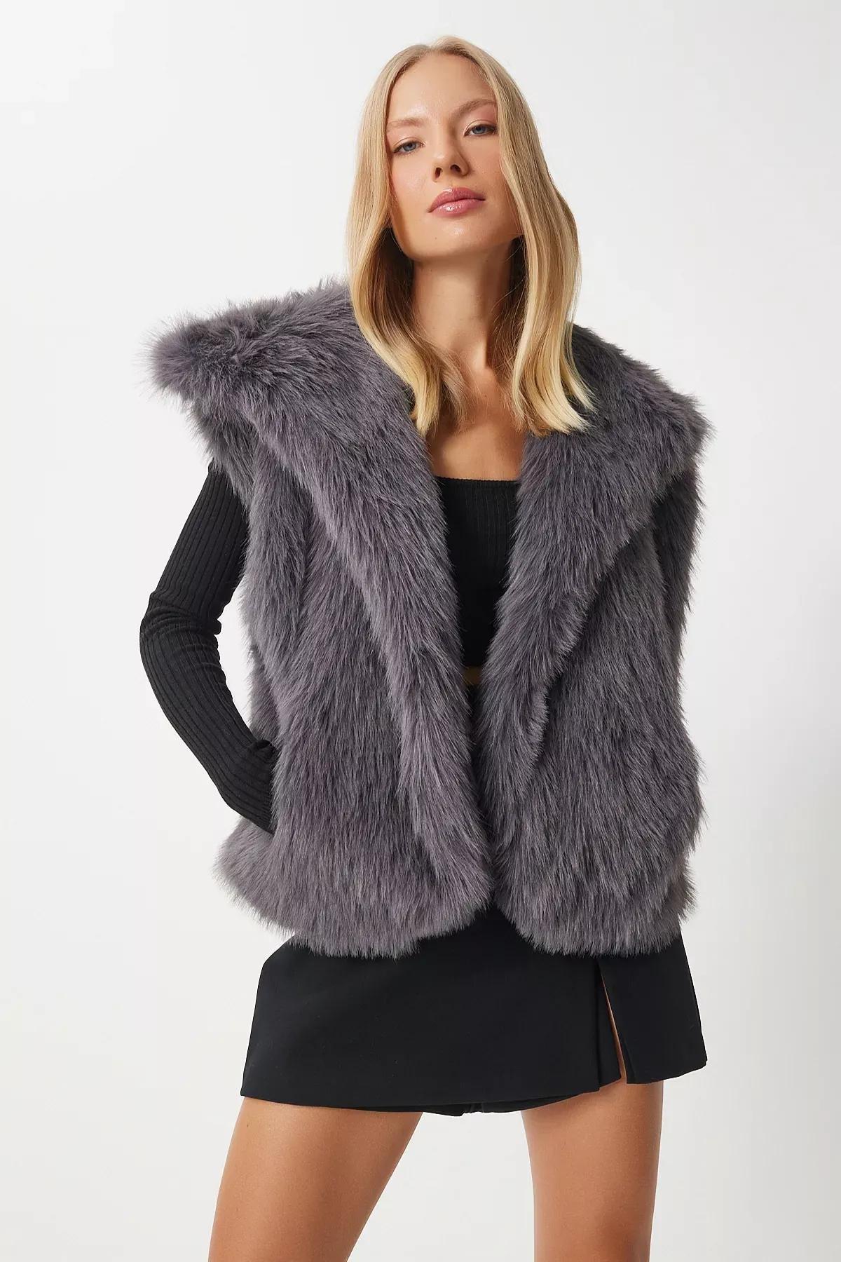 Grey Faux Fur Vest, Anthracite, large image number 1