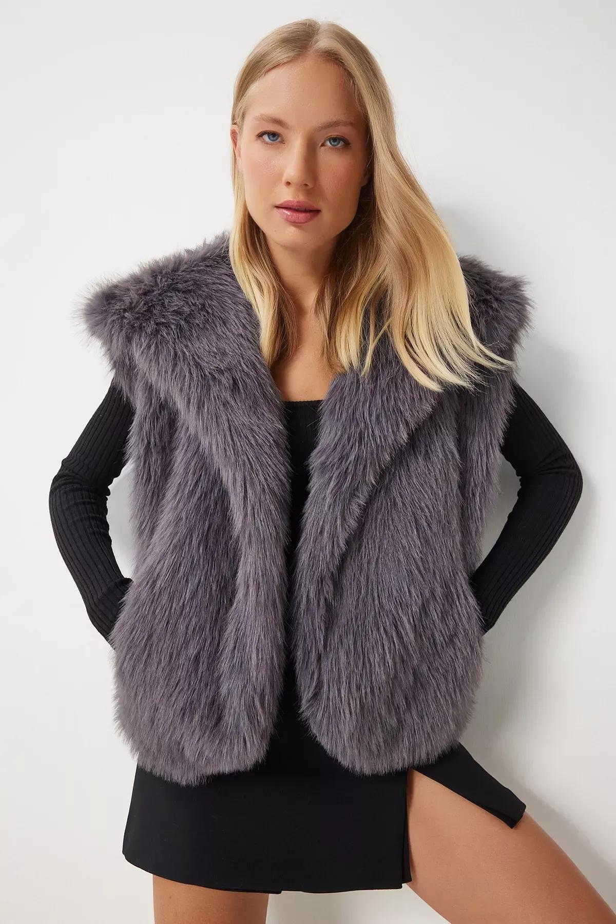 Grey Faux Fur Vest, Anthracite, large image number 2