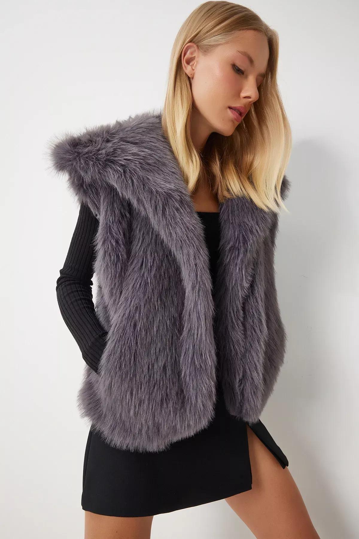 Grey Faux Fur Vest, Anthracite, large image number 3