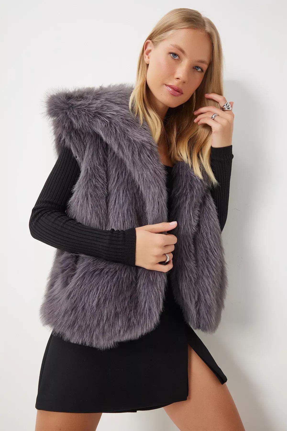 Grey Faux Fur Vest, Anthracite, large image number 4