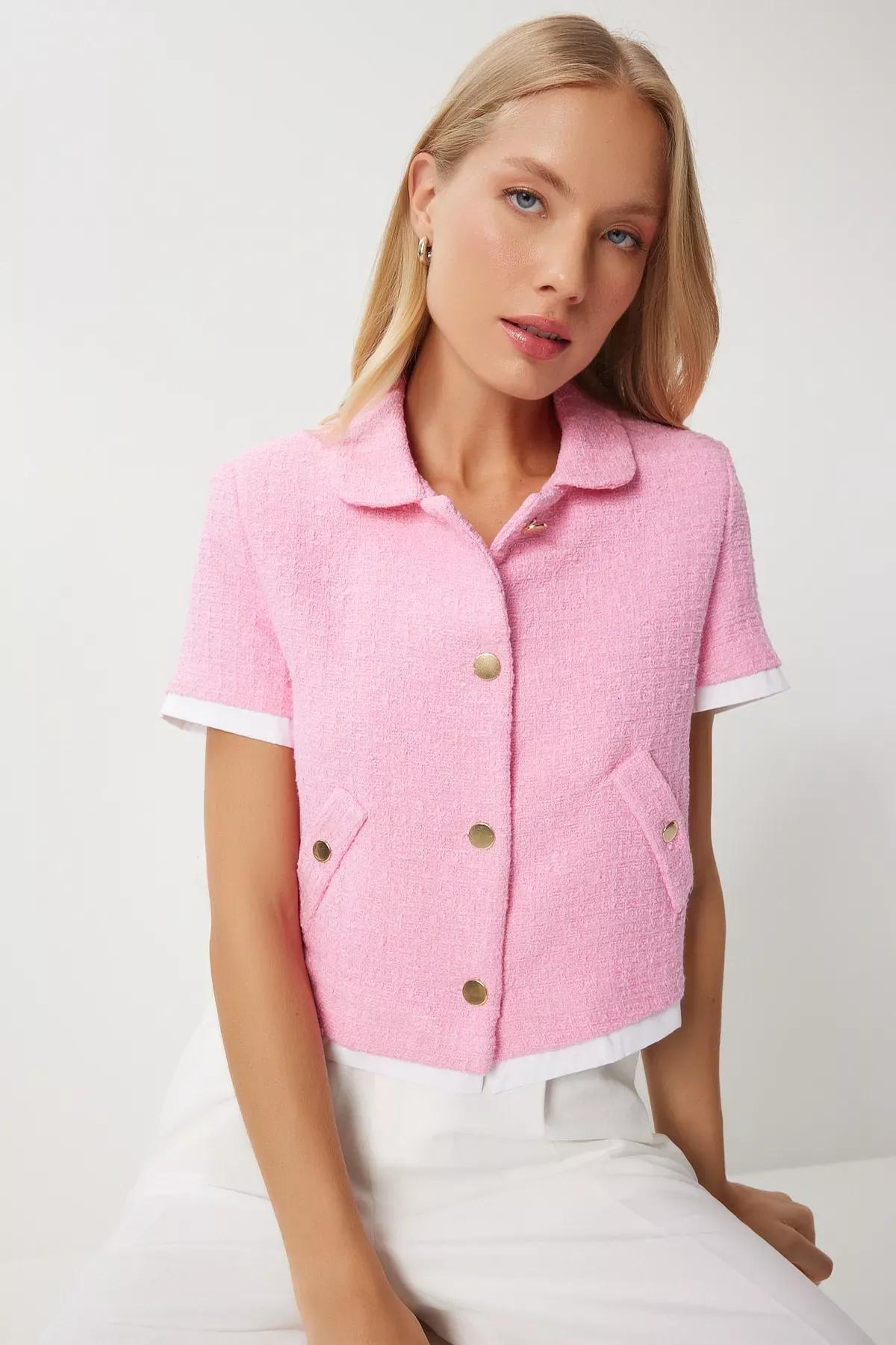 Pink Tweed Crop Jacket, Pink, large image number 0
