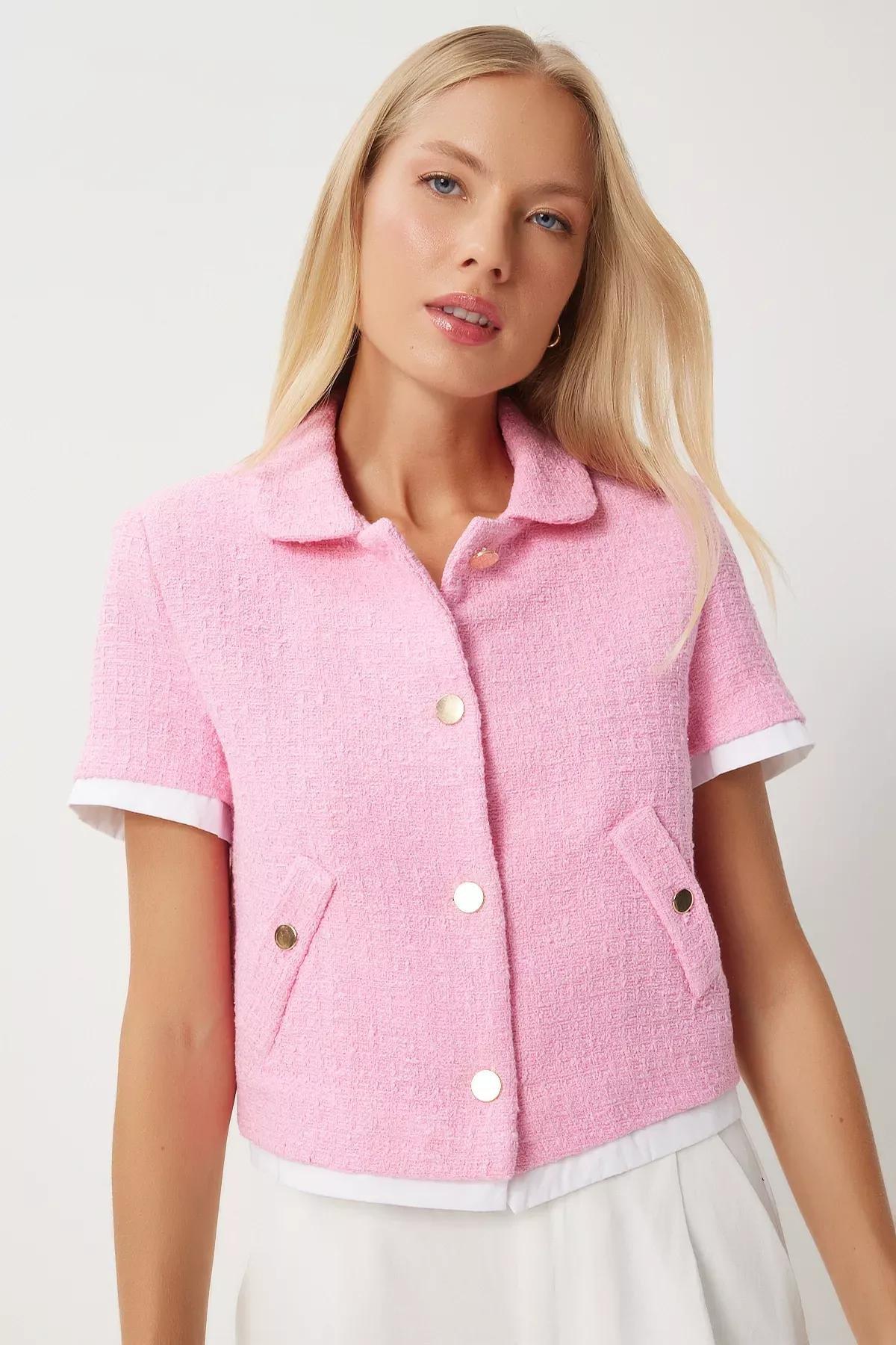 Pink Tweed Crop Jacket, Pink, large image number 3