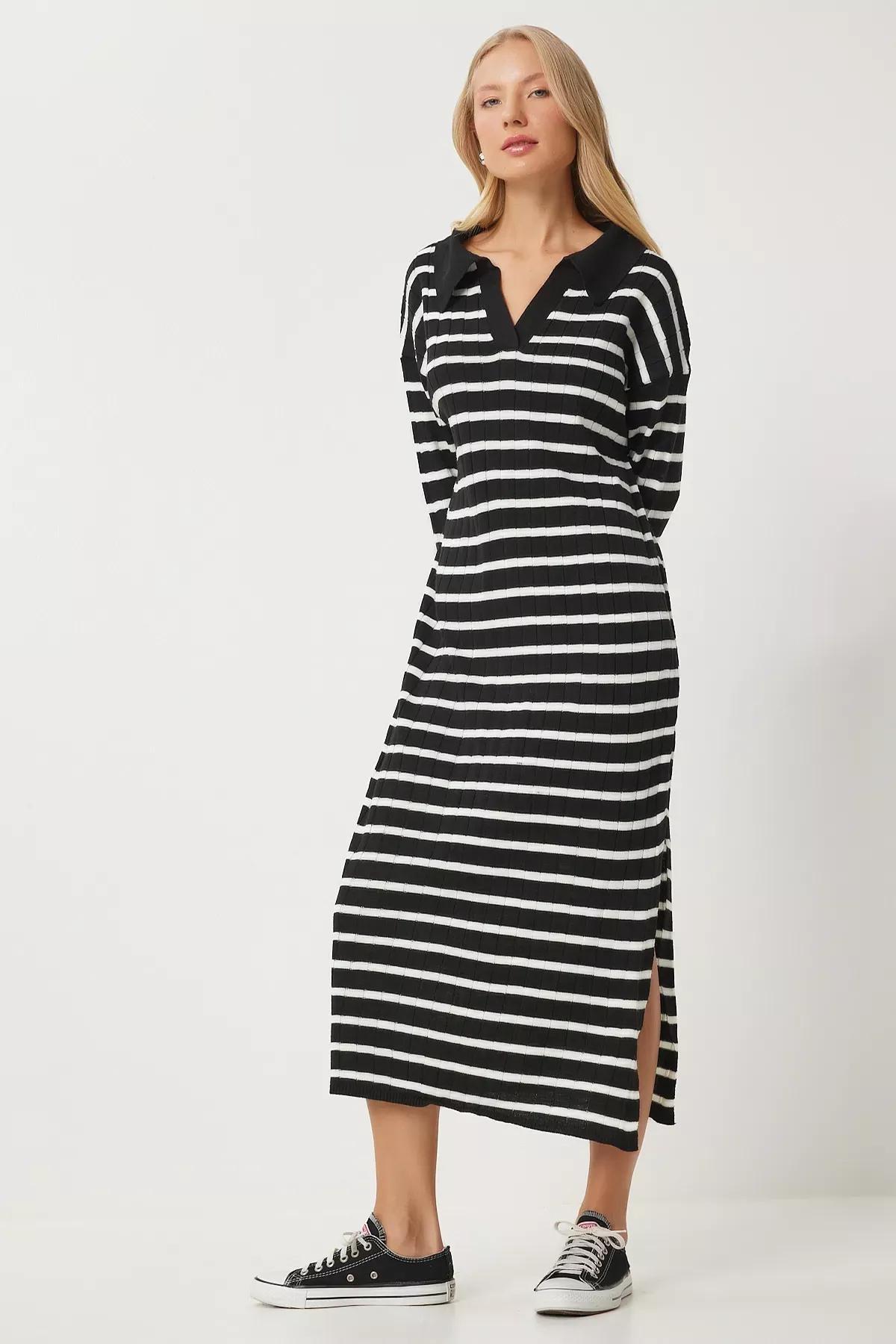 Black Striped Polo Neck Knit Dress, BLACK WHITE, large image number 0