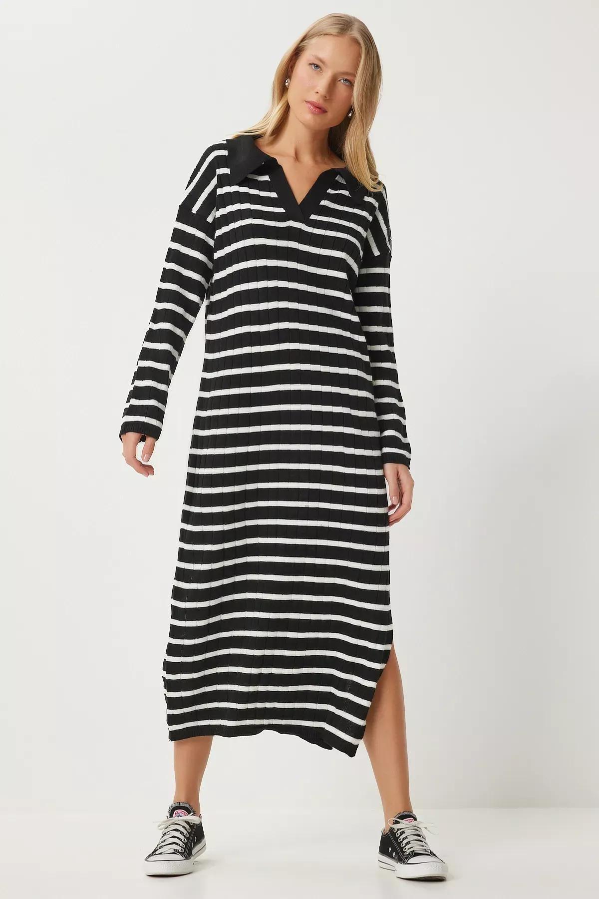 Black Striped Polo Neck Knit Dress, BLACK WHITE, large image number 1