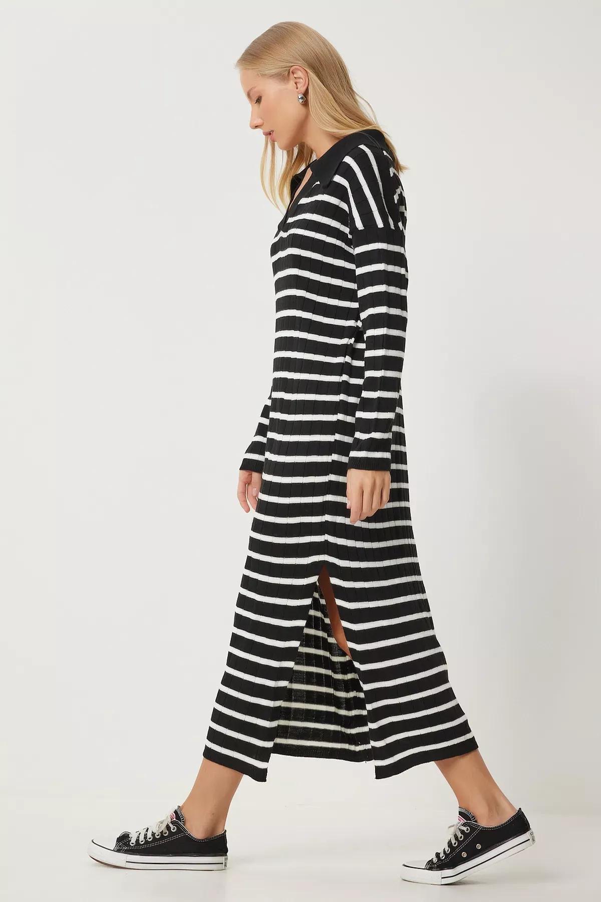 Black Striped Polo Neck Knit Dress, BLACK WHITE, large image number 2