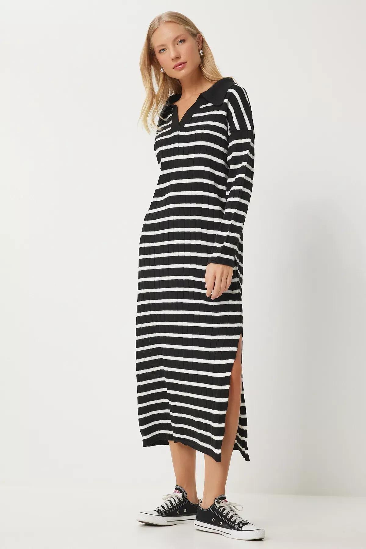Black Striped Polo Neck Knit Dress, BLACK WHITE, large image number 3
