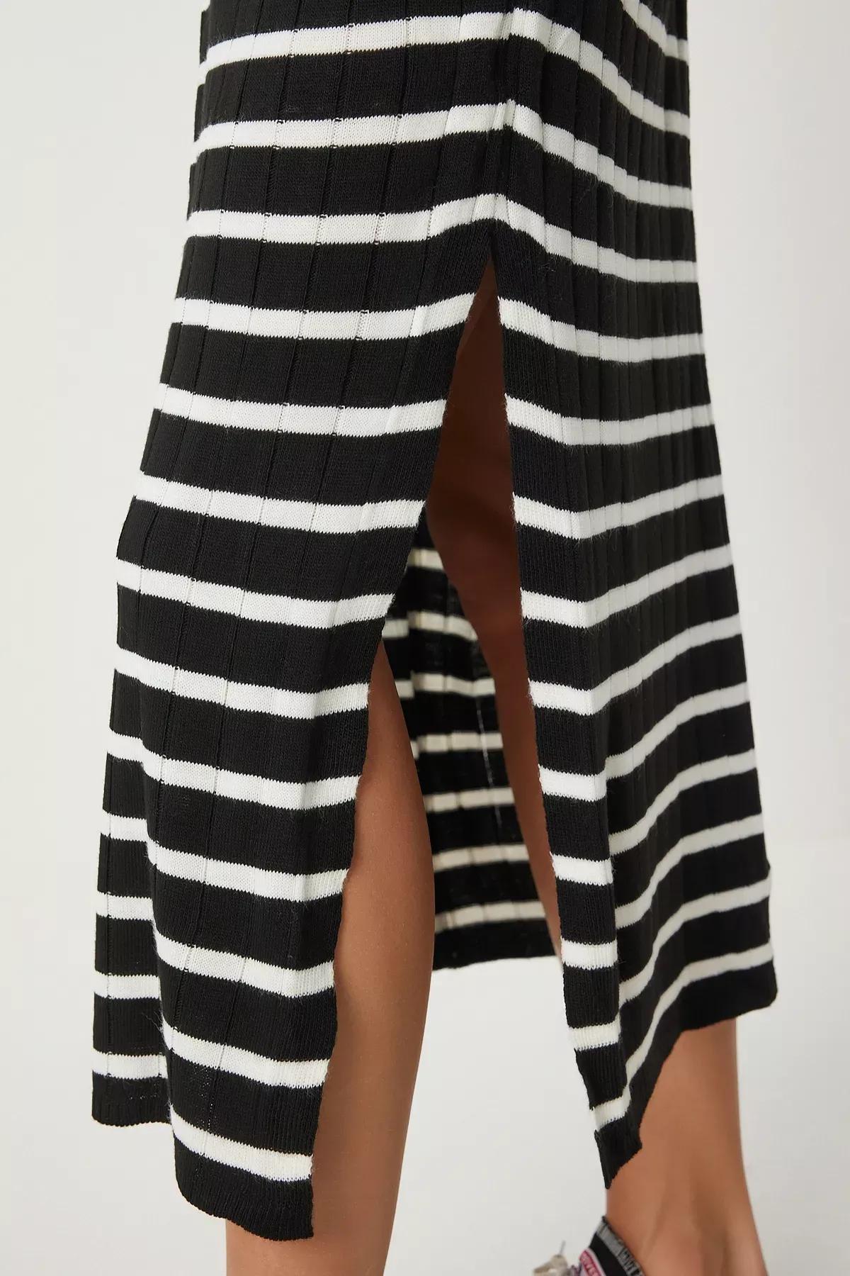 Black Striped Polo Neck Knit Dress, BLACK WHITE, large image number 4