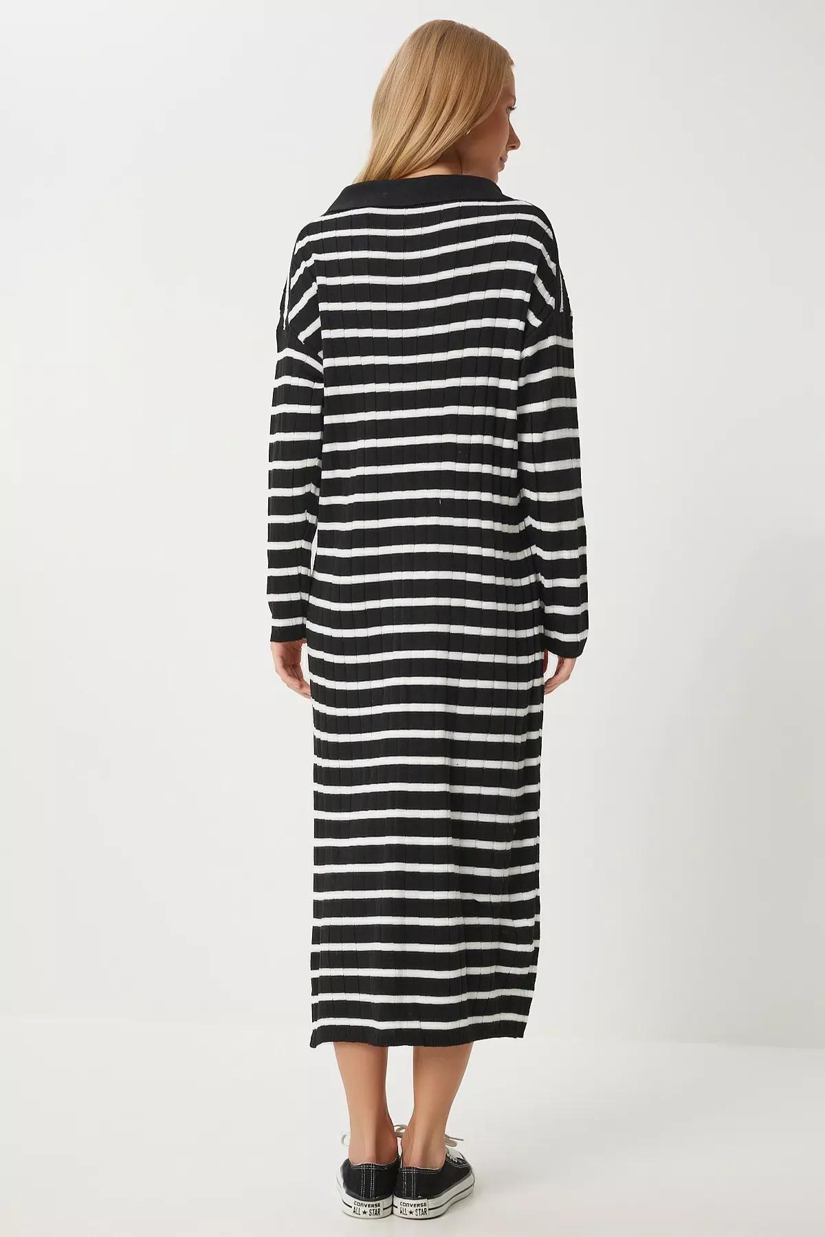 Black Striped Polo Neck Knit Dress, BLACK WHITE, large image number 5
