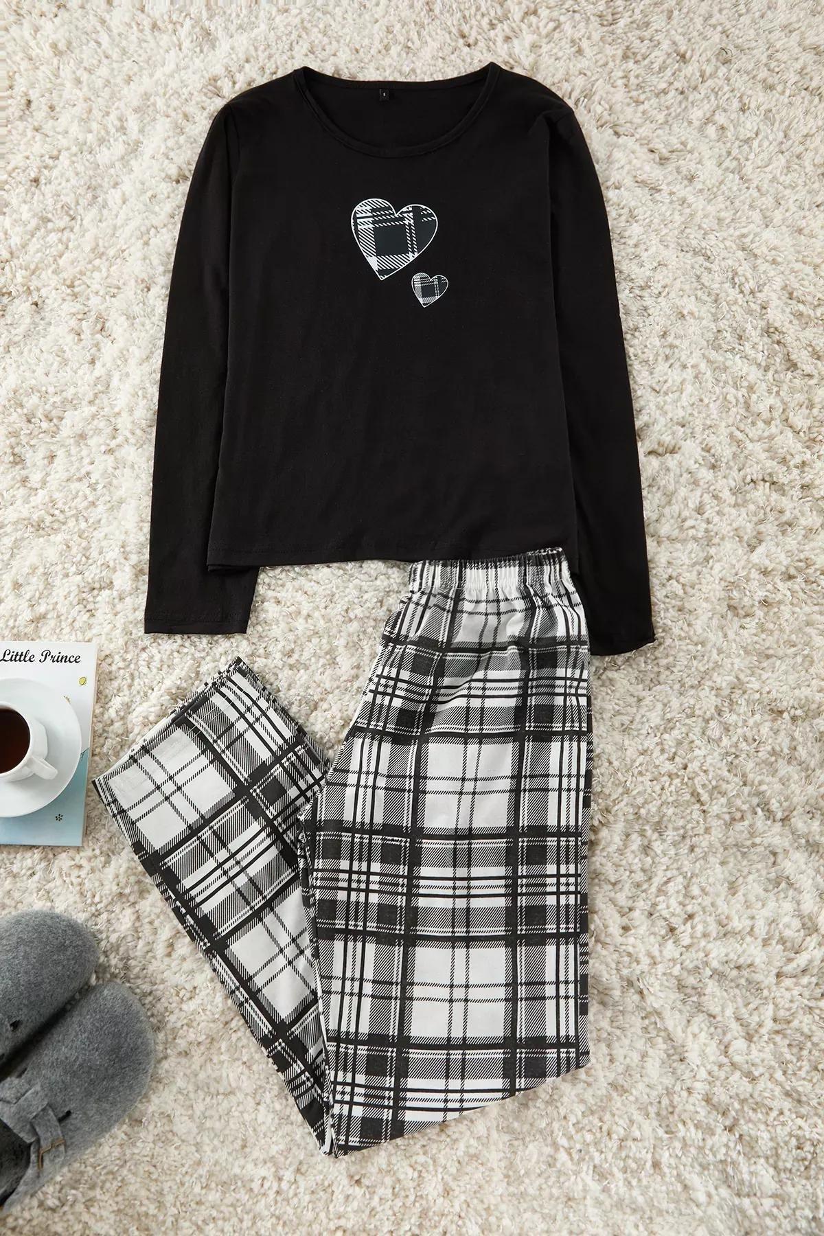 Black Heart Plaid Pajama Set, BLACK, large image number 0