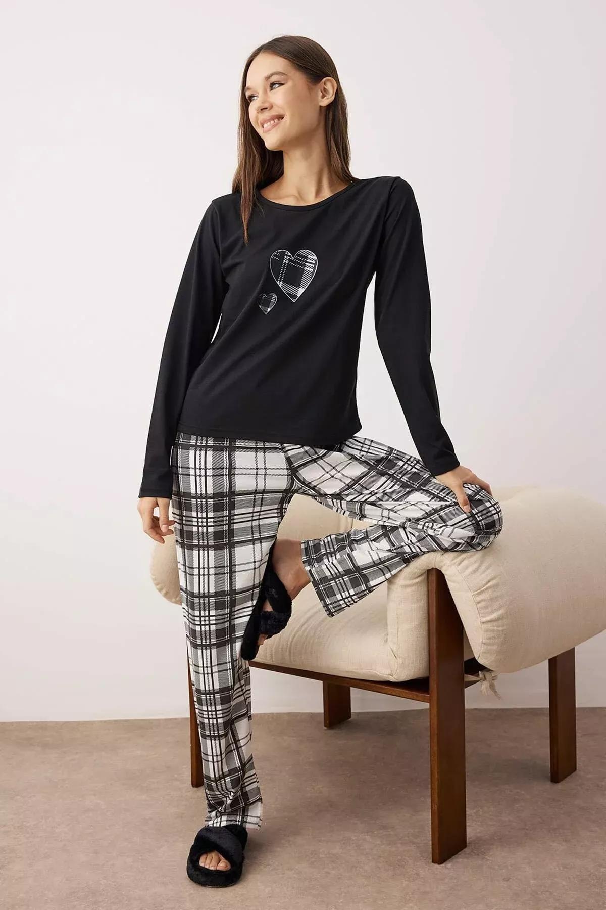 Black Heart Plaid Pajama Set, BLACK, medium