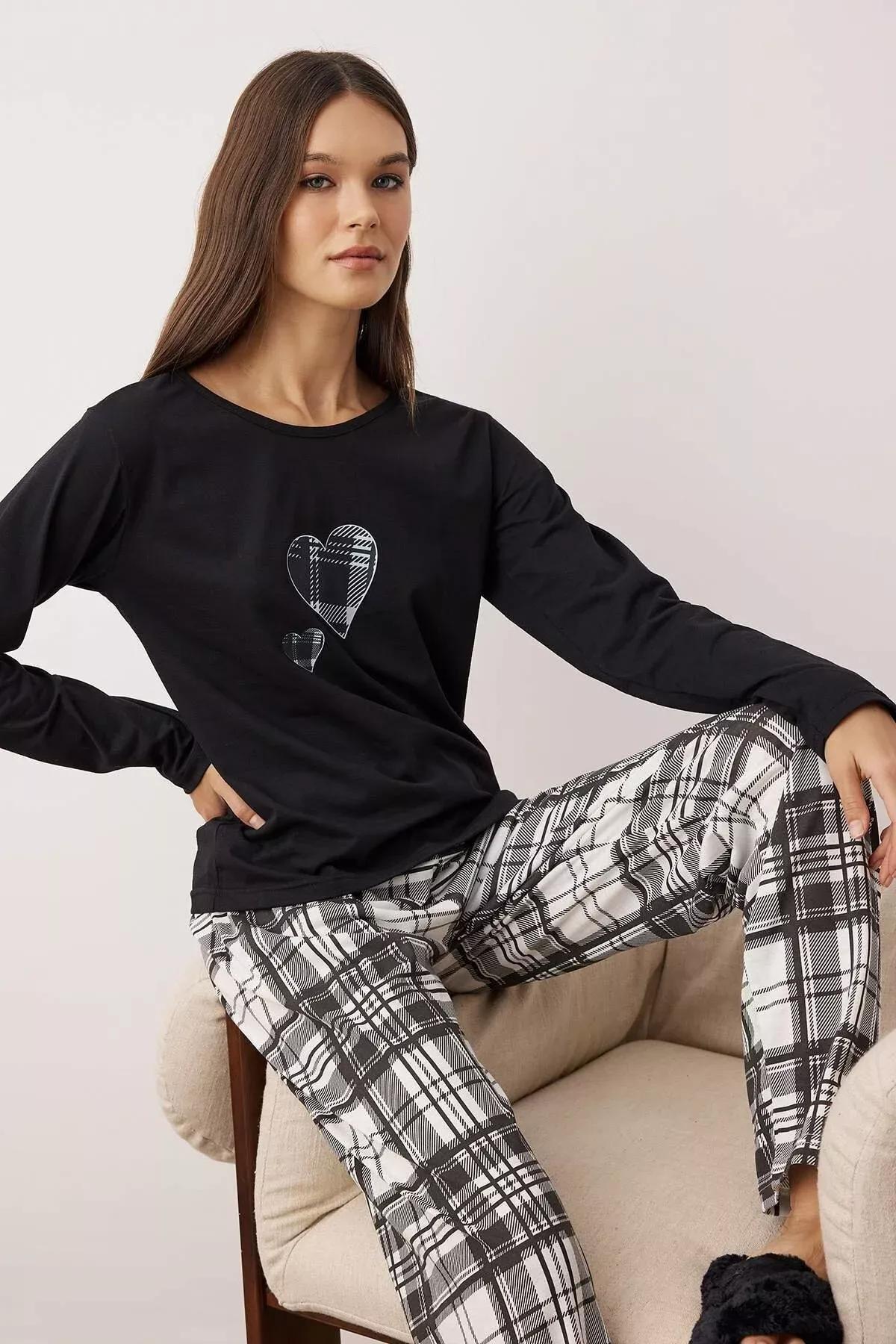 Black Heart Plaid Pajama Set, BLACK, large image number 2