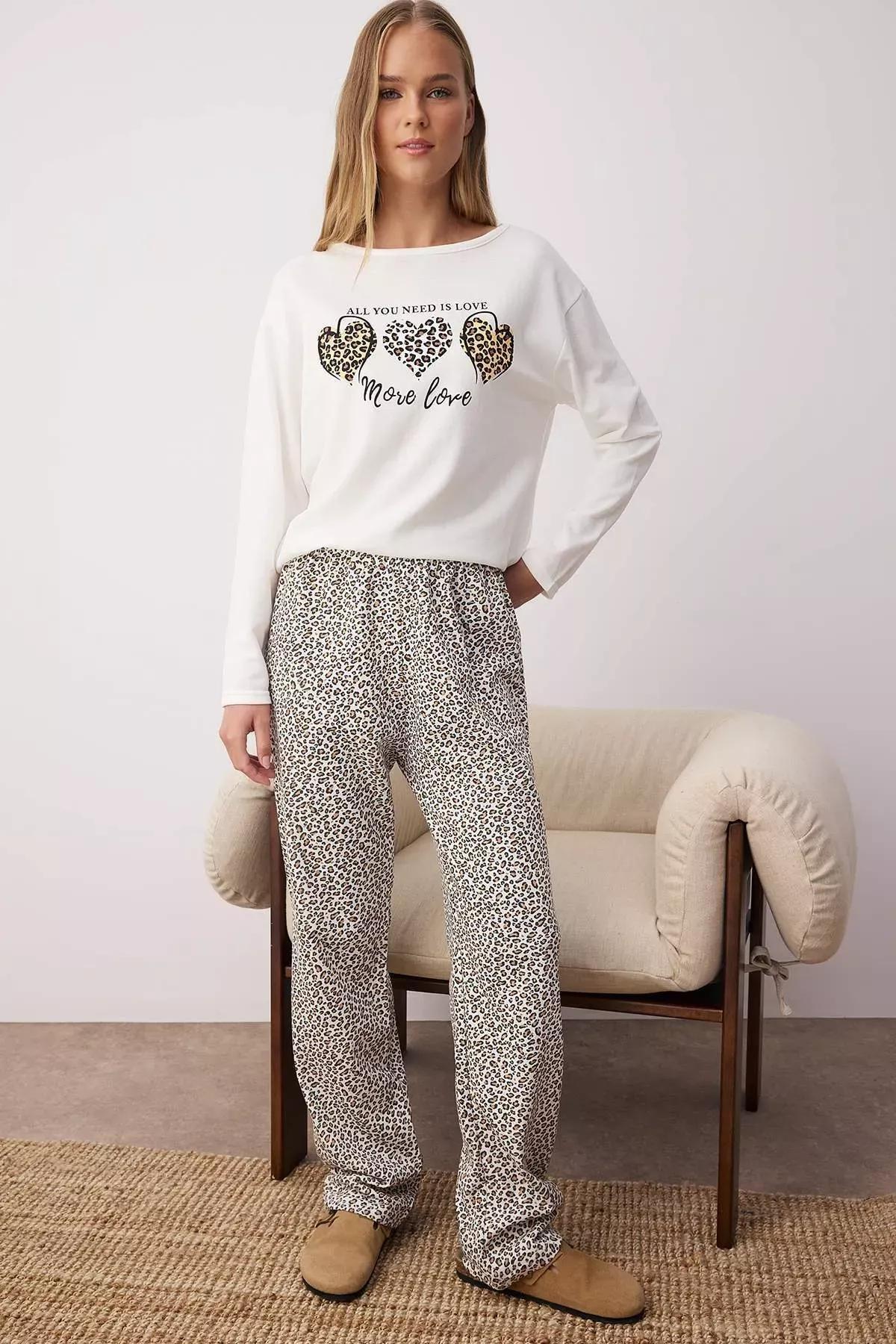 Multicolour Leopard Patterned Pyjamas Set, White-Multicolor, medium