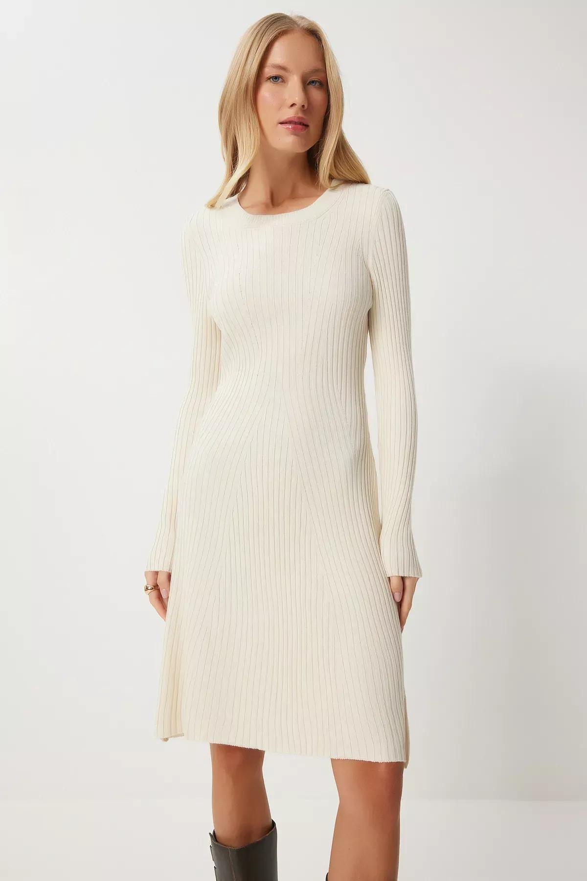 White Crew Neck Ribbed Knitted Dress, Cream, large image number 0