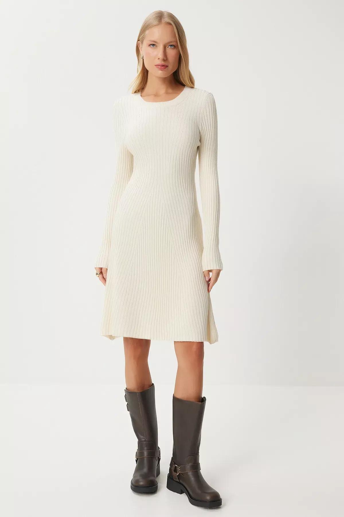 White Crew Neck Ribbed Knitted Dress, Cream, large image number 1