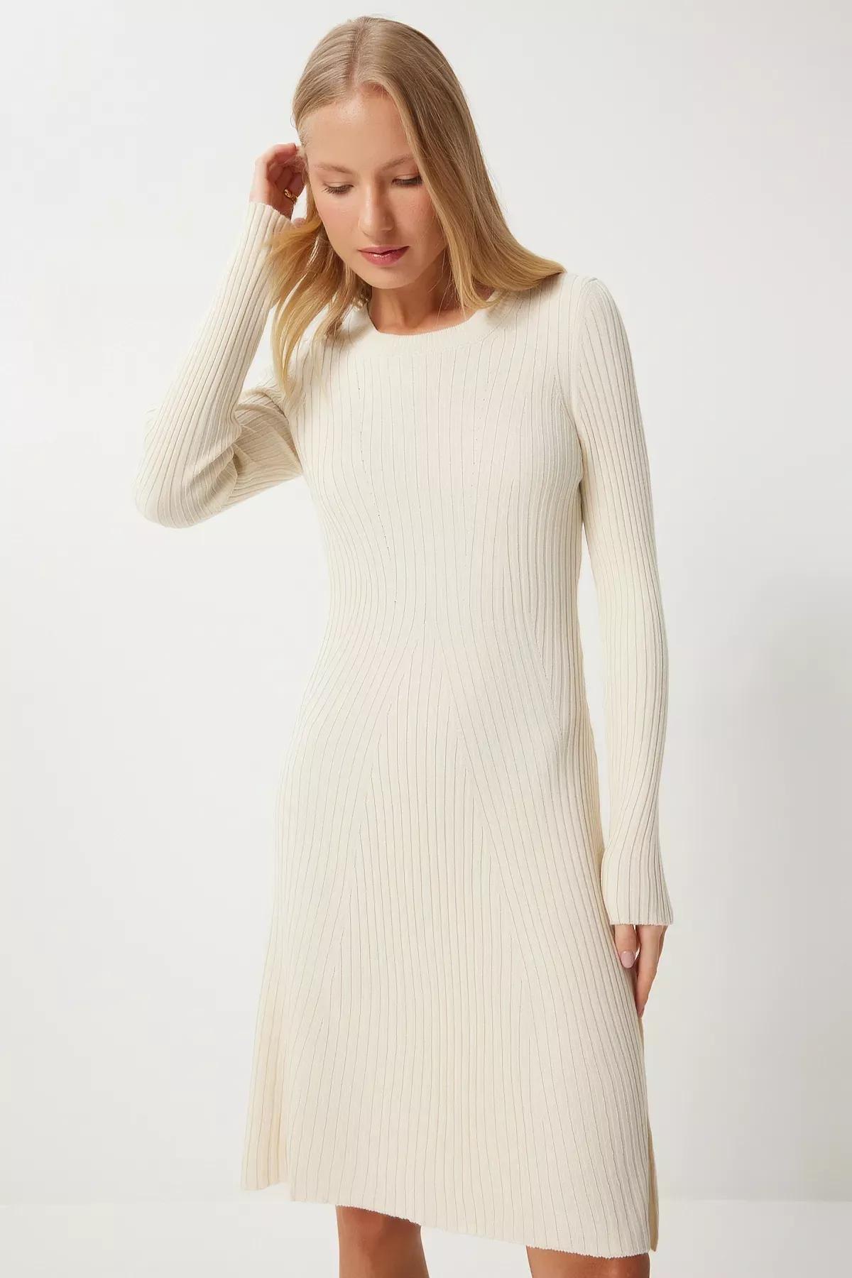 White Crew Neck Ribbed Knitted Dress, Cream, large image number 3