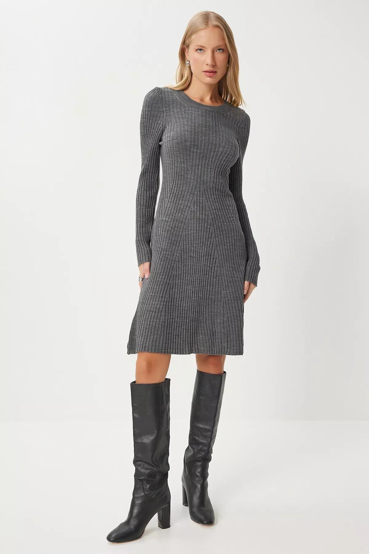 Gray Crew Neck Ribbed Knitted Dress, Grey, large image number 0
