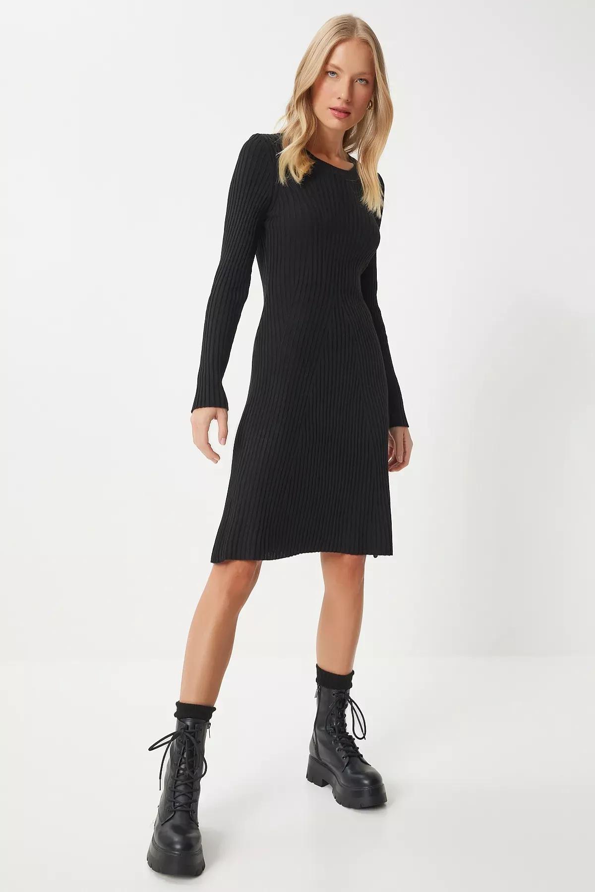 Black Crew Neck Ribbed Knitted Dress, , large image number 0