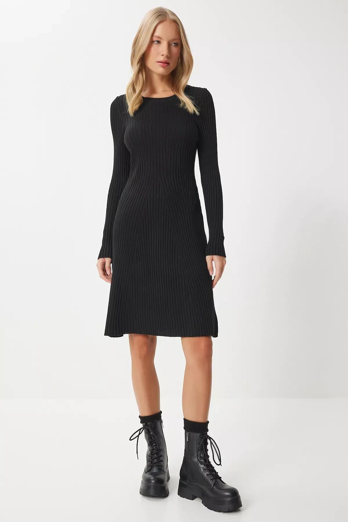 Black Crew Neck Ribbed Knitted Dress, , large image number 1
