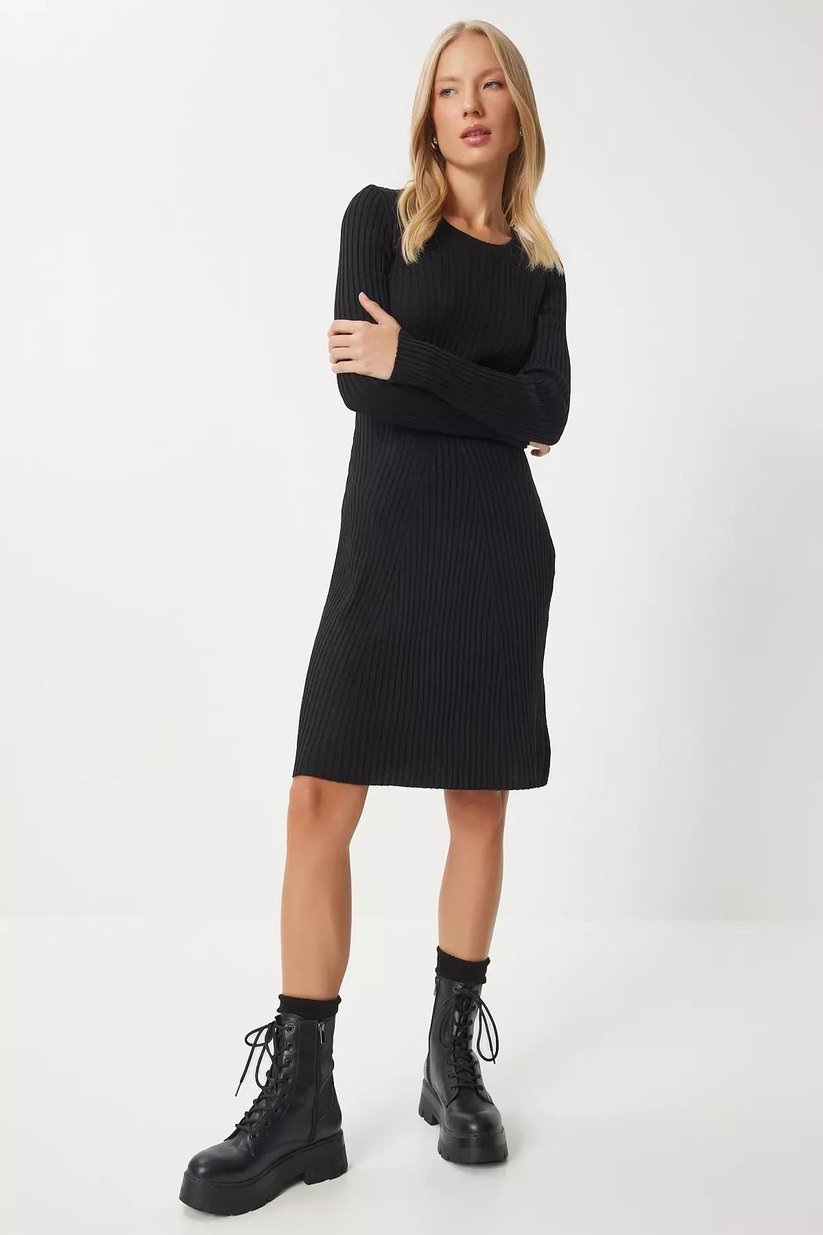 Black Crew Neck Ribbed Knitted Dress, , large image number 2