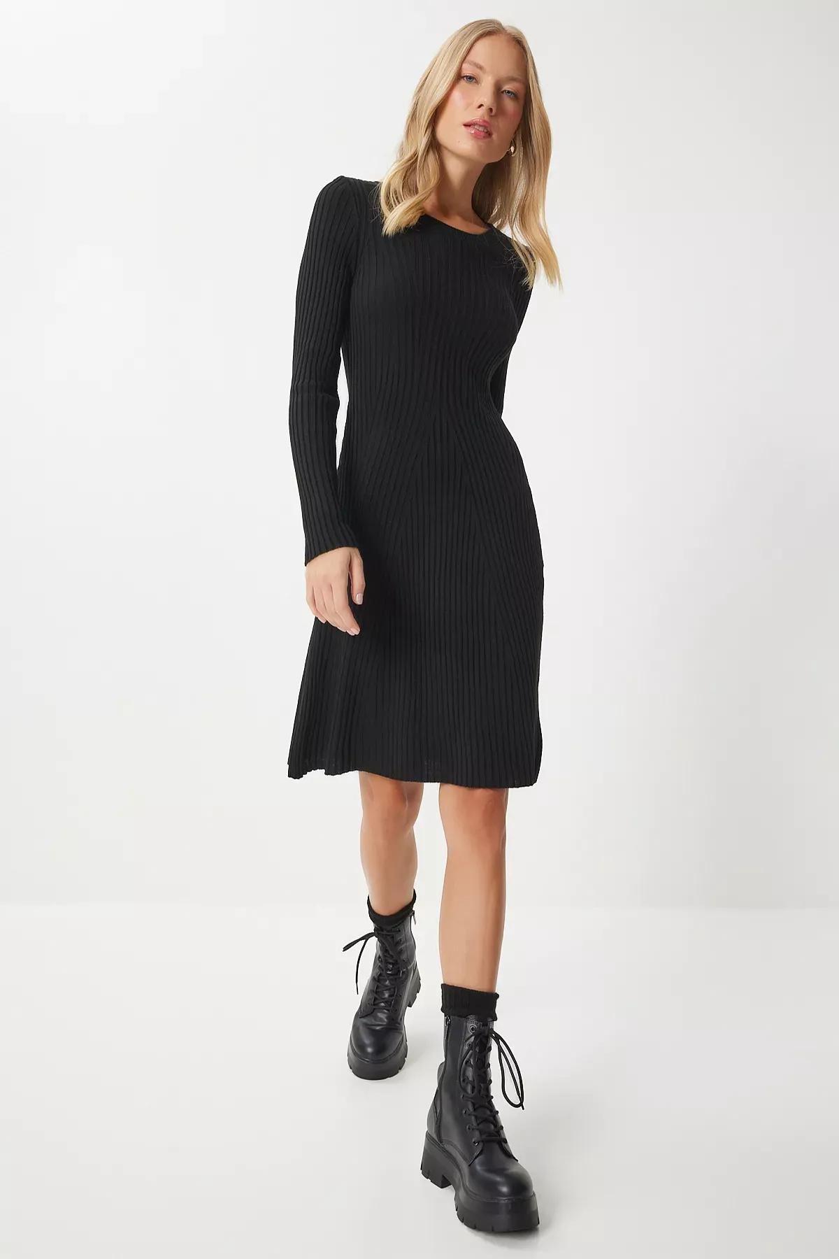 Black Crew Neck Ribbed Knitted Dress, , large image number 3