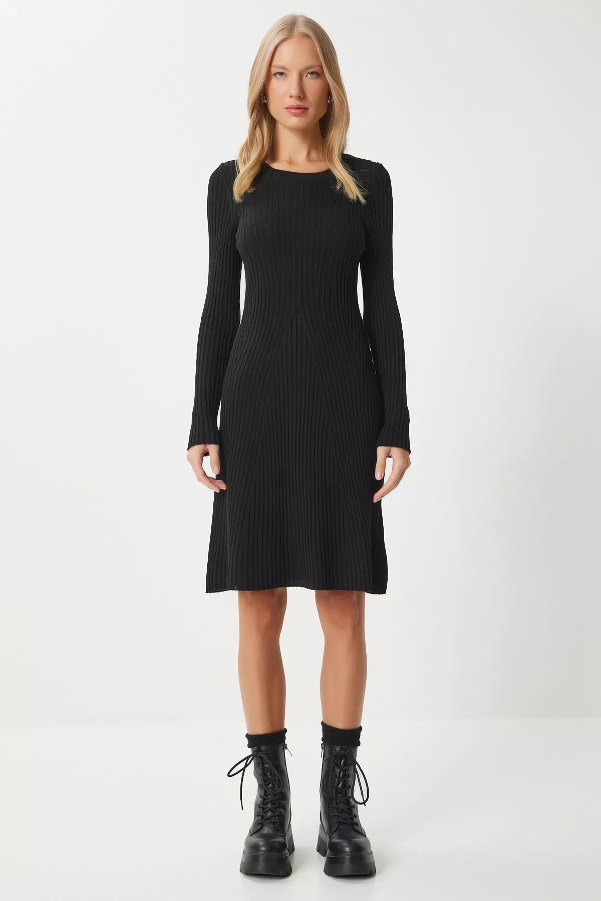 Black Crew Neck Ribbed Knitted Dress, , large image number 4
