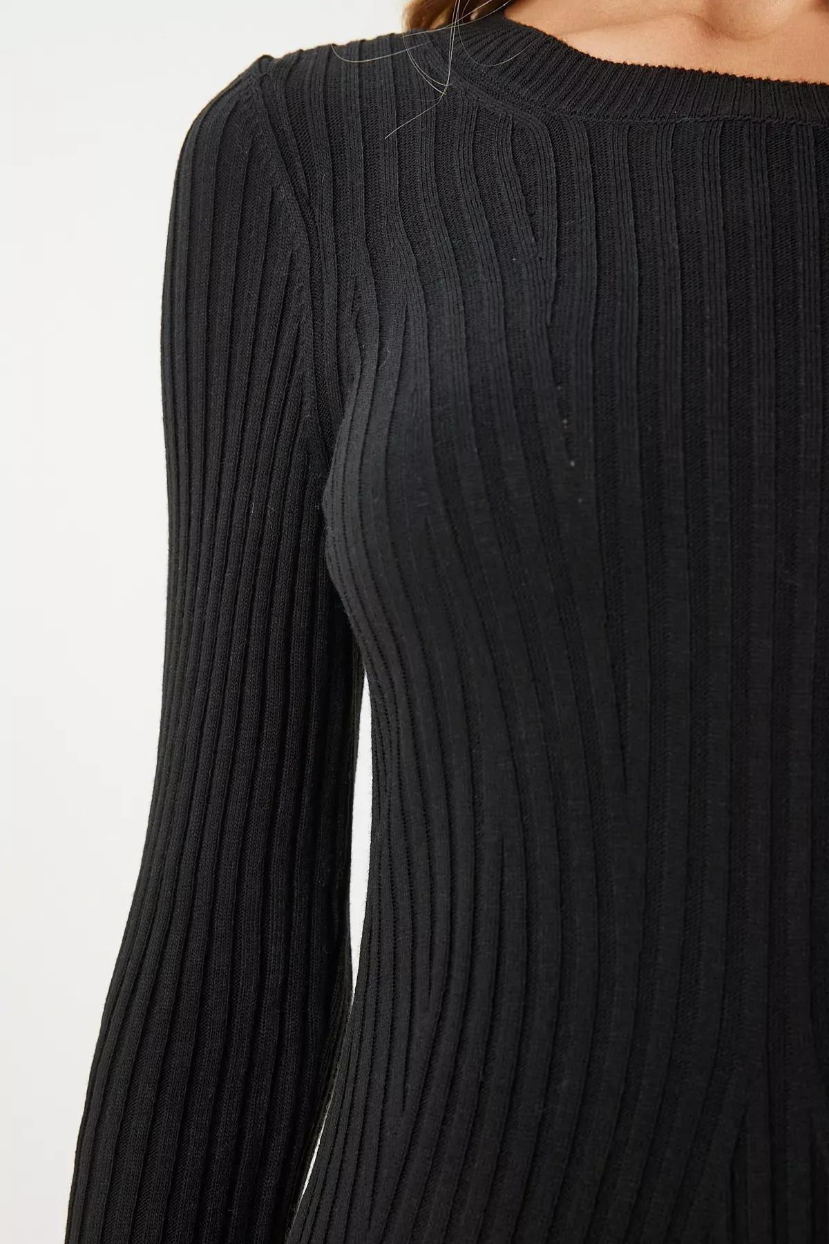 Black Crew Neck Ribbed Knitted Dress, , large image number 5