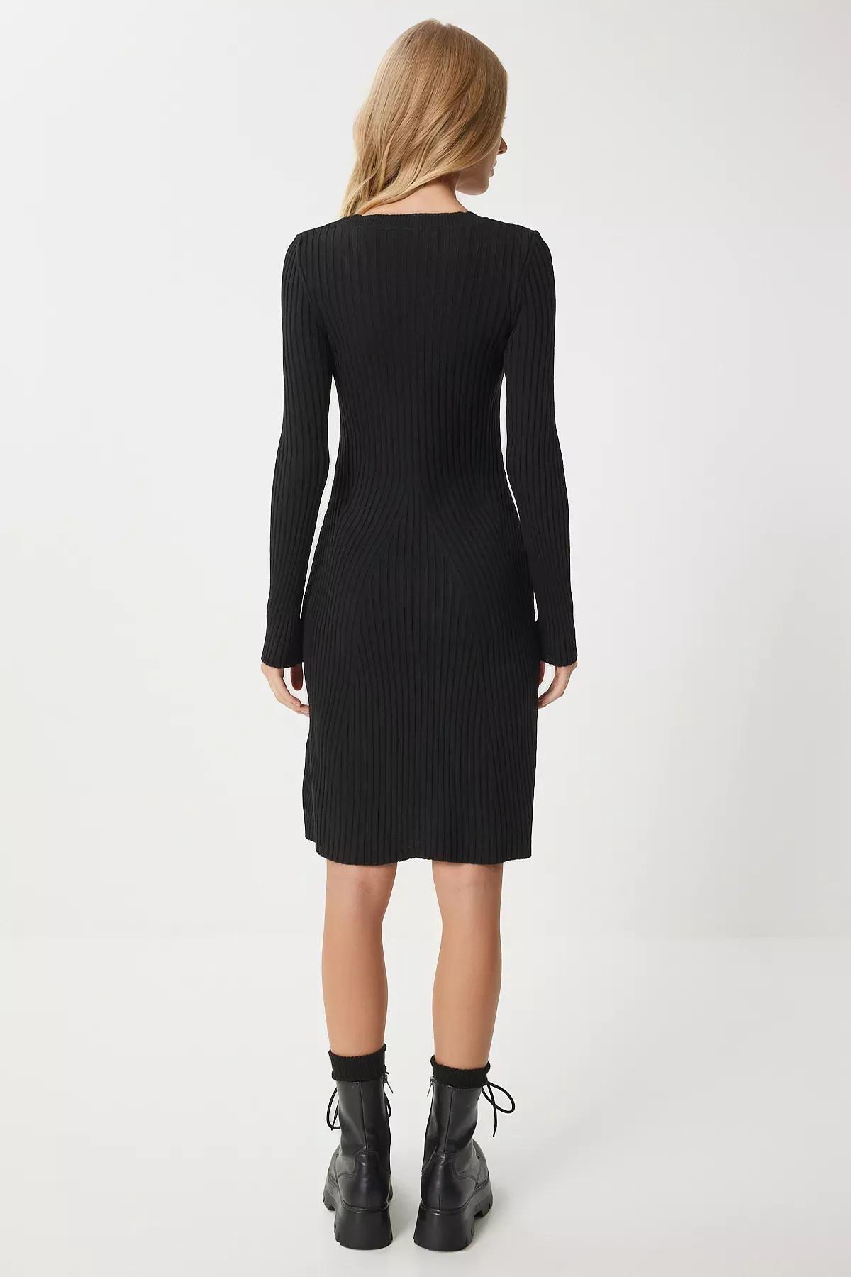 Black Crew Neck Ribbed Knitted Dress, , large image number 6