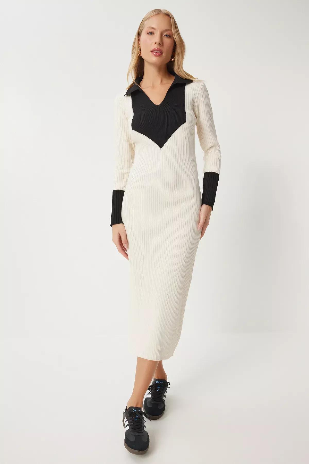 Beige Contrast Polo Neck Knit Dress, Ecru, large image number 1