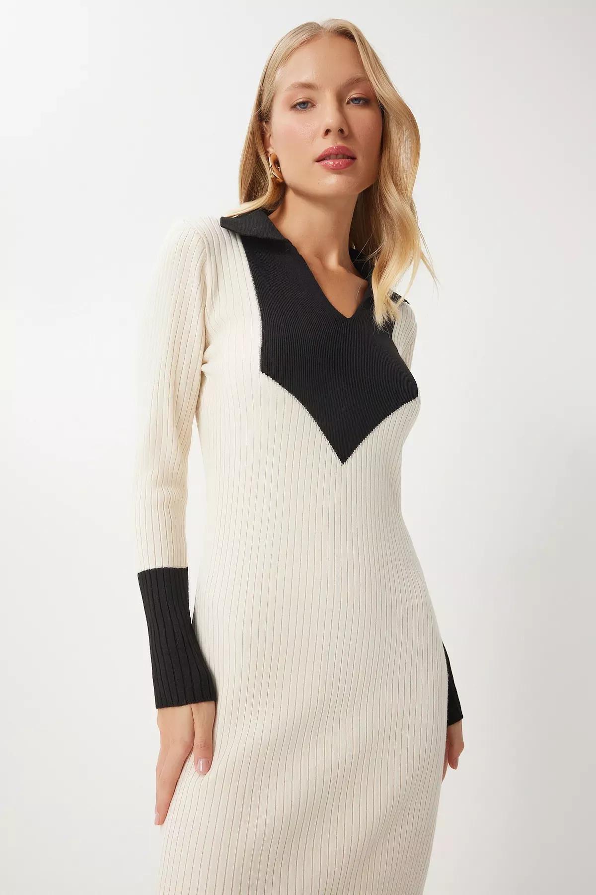 Beige Contrast Polo Neck Knit Dress, Ecru, large image number 2