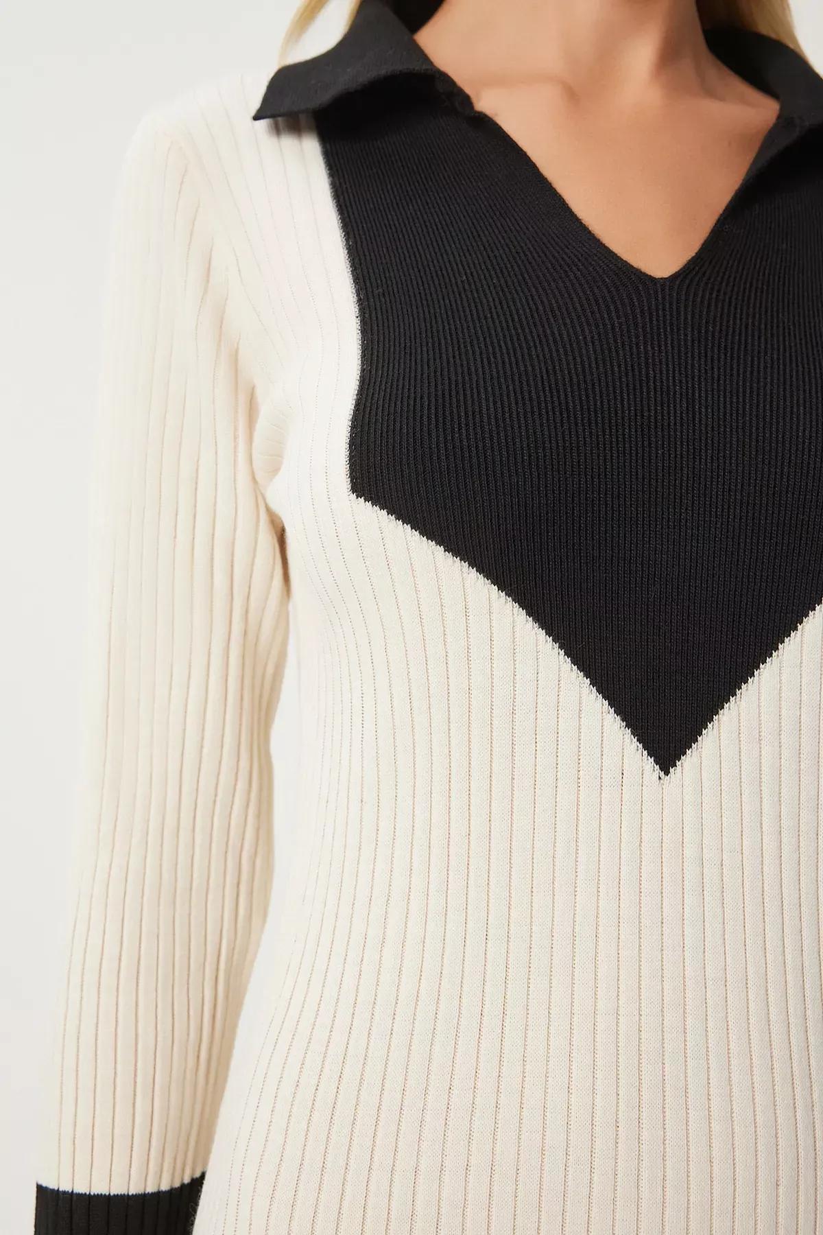 Beige Contrast Polo Neck Knit Dress, Ecru, large image number 3