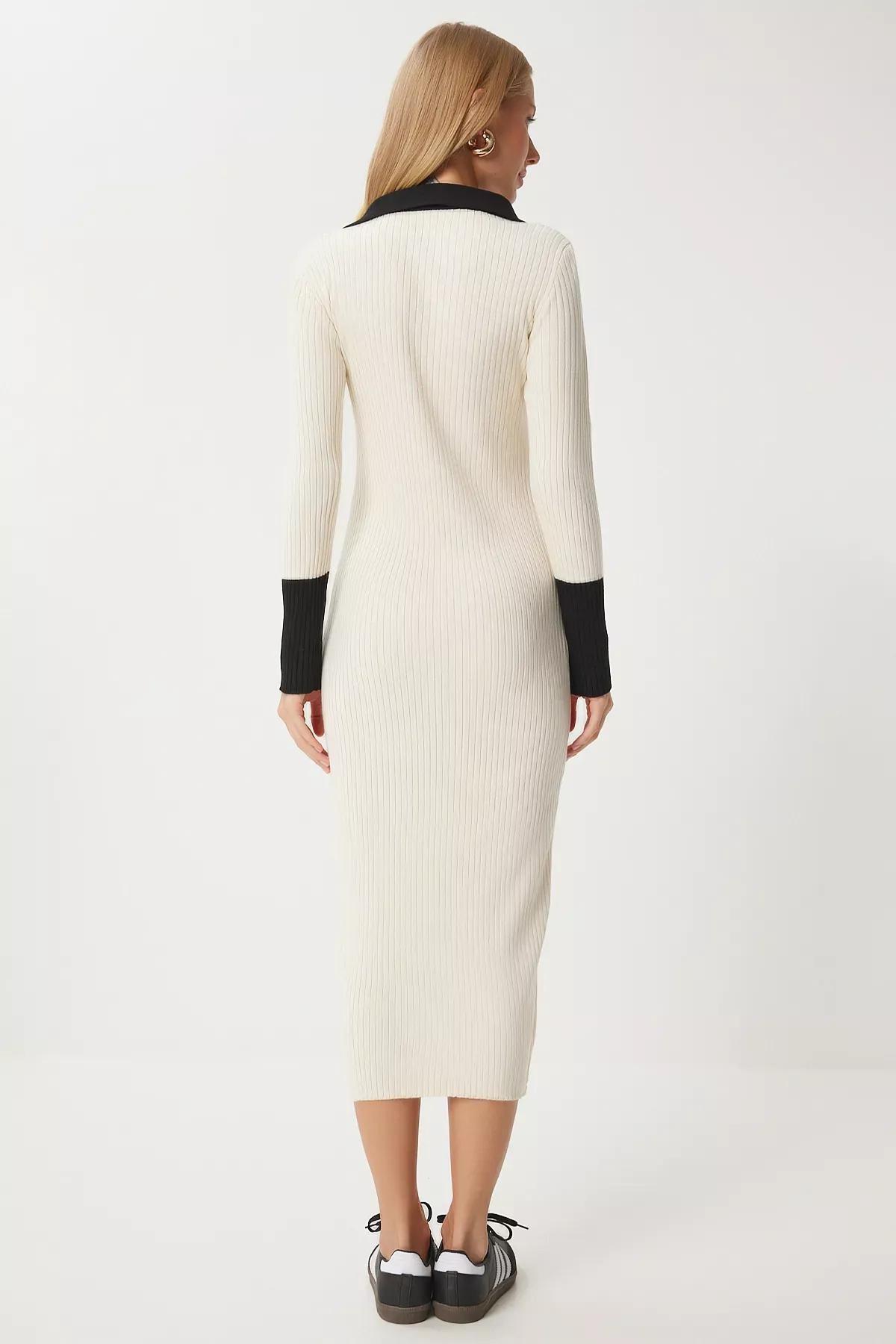 Beige Contrast Polo Neck Knit Dress, Ecru, large image number 4