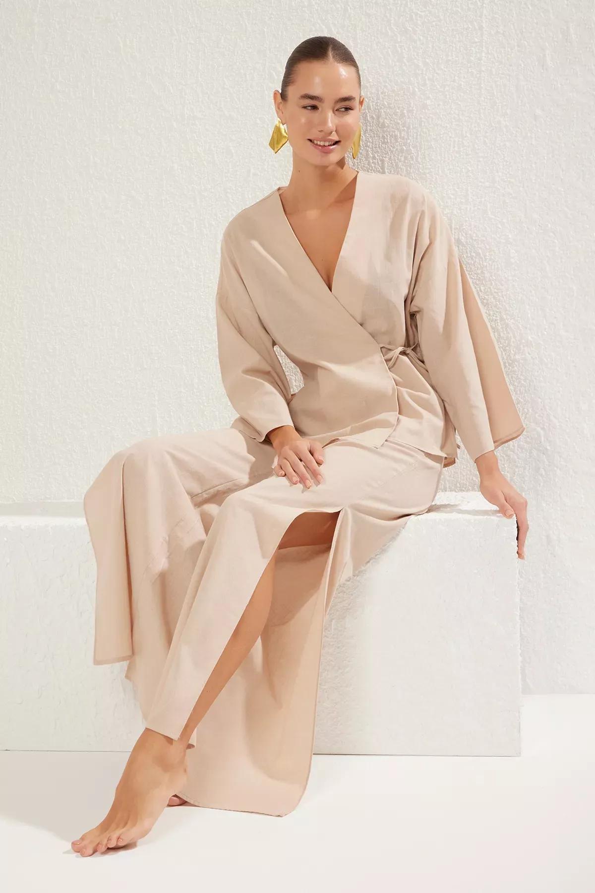Beige Woven Tied Co-Ord Set, C101_4884, large image number 1